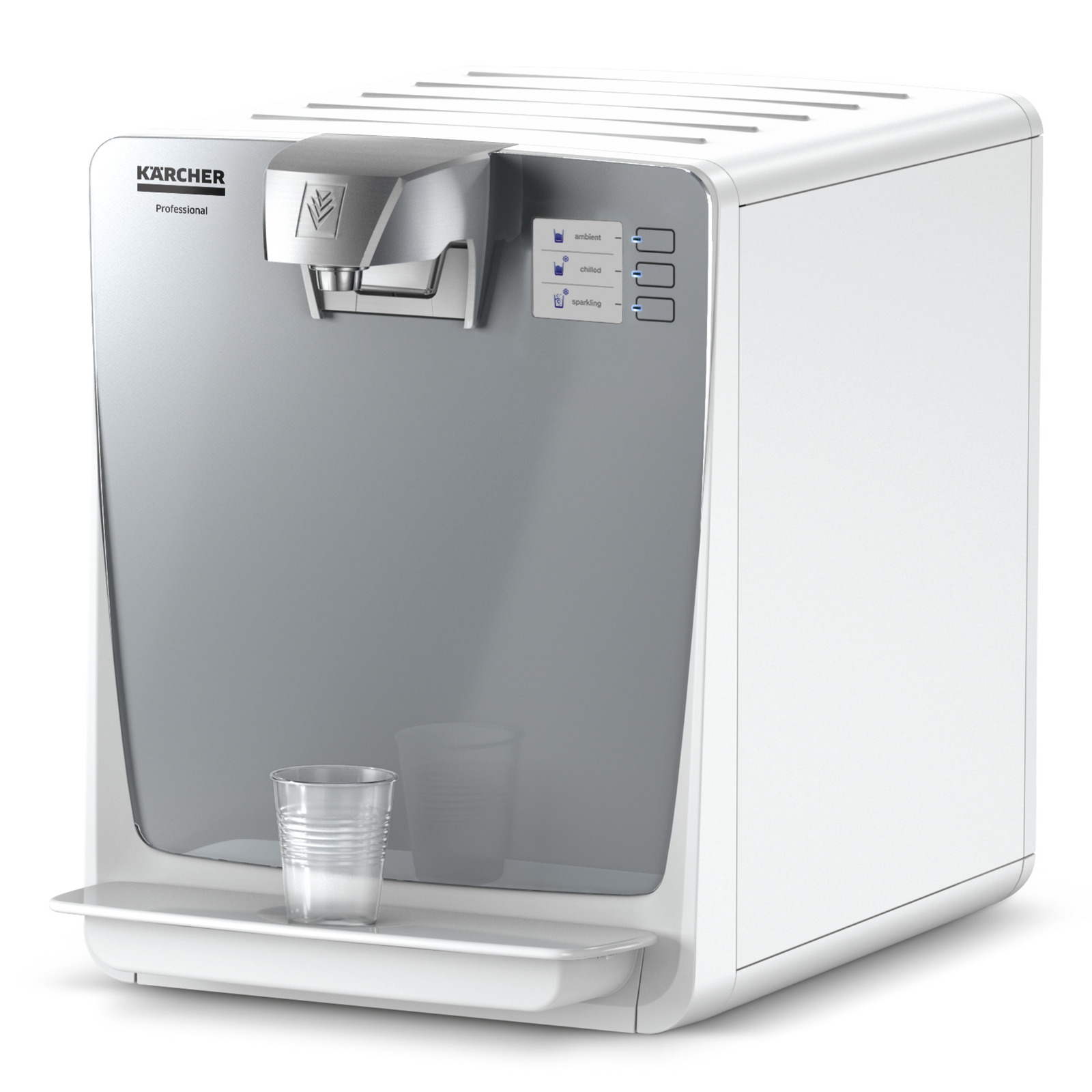 Kärcher water dispenser with a sleek silver front panel, buttons for ambient, chilled, and sparkling water, and a plastic cup on the tray.