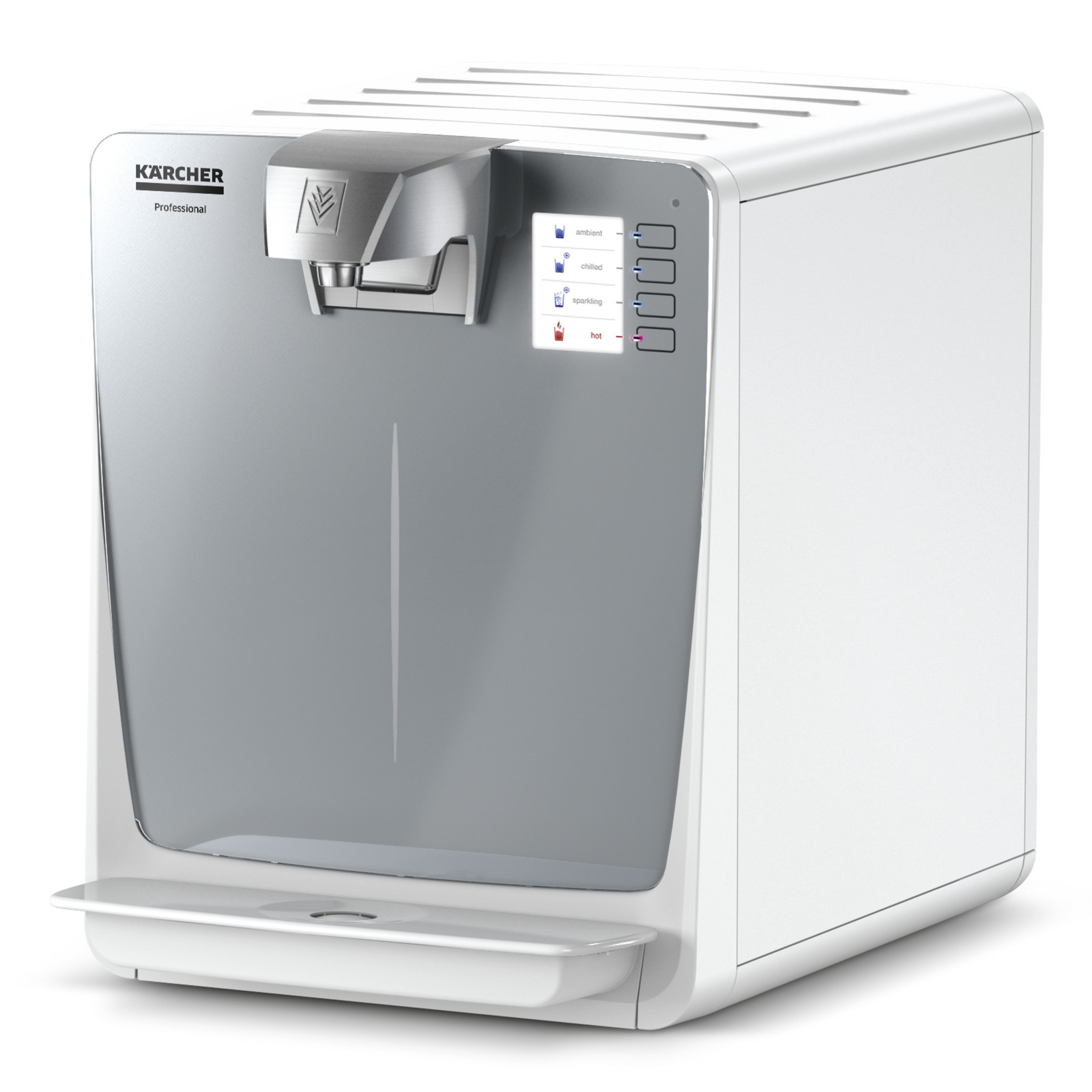 Kärcher water dispenser with a sleek silver front panel, buttons for ambient, chilled, sparkling, and hot water options. Kärcher water dispenser with a sleek silver front panel, buttons for ambient, chilled, sparkling, and hot water options.