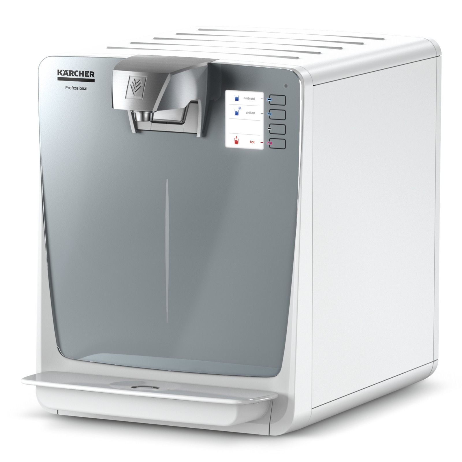 Distribuitor de apă Kärcher Professional, alb, cu panou frontal argintiu și butoane pentru temperaturi diferite. Distribuitor de apă Kärcher Professional, alb, cu panou frontal argintiu și butoane pentru temperaturi diferite.
