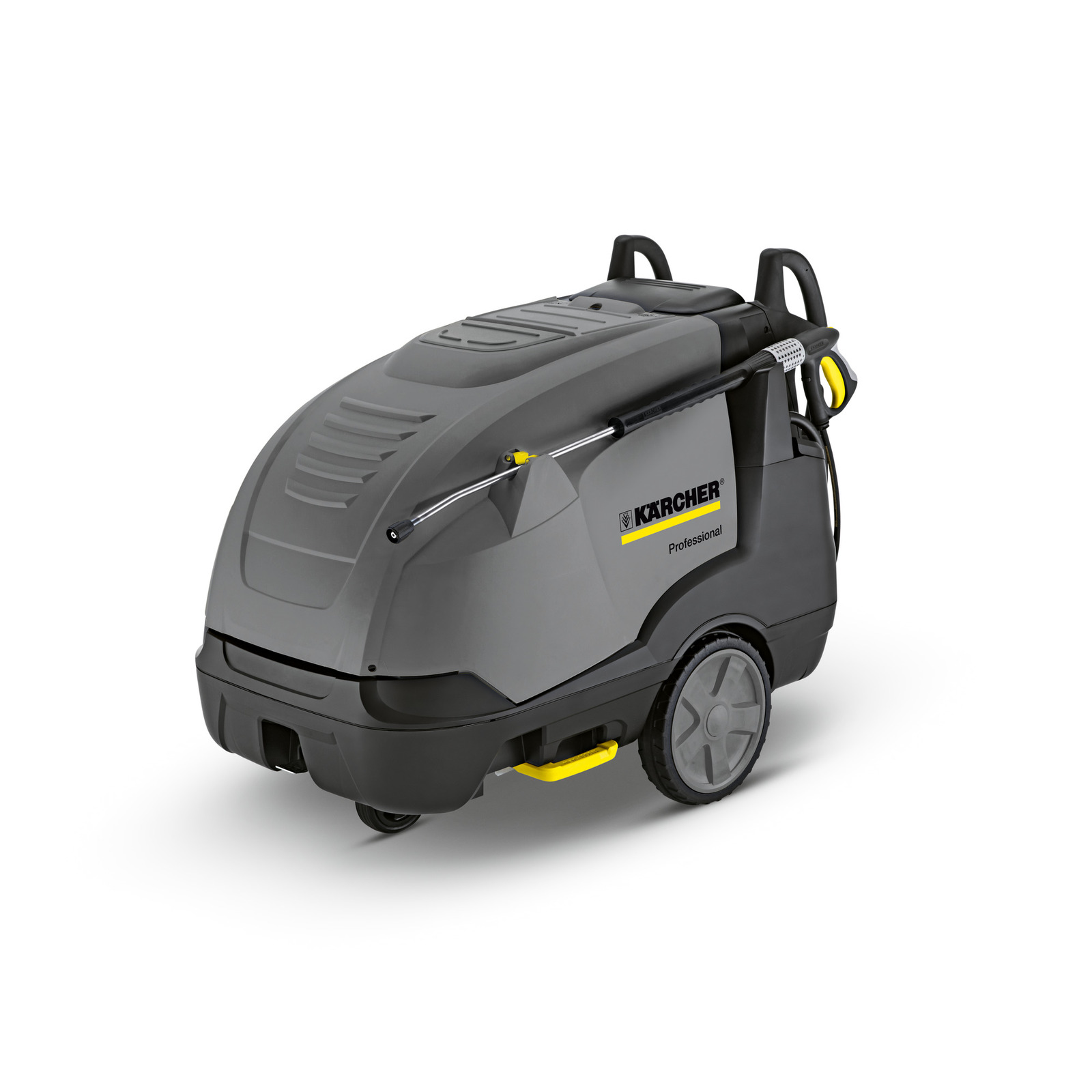 Grey Kärcher professional high-pressure cleaner with large wheels and ergonomic handles.