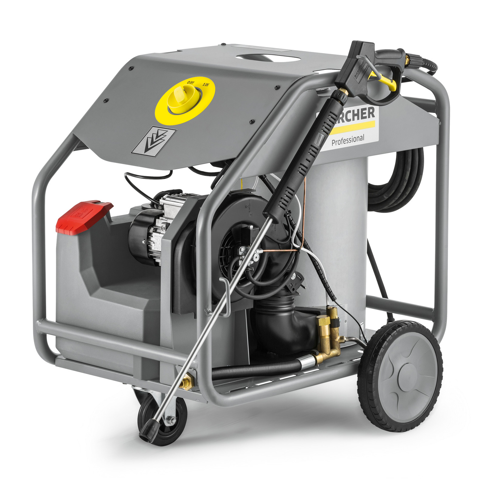 Kärcher high-pressure cleaner with grey frame, yellow dial, and wheels, featuring a hose and spray gun attachment.