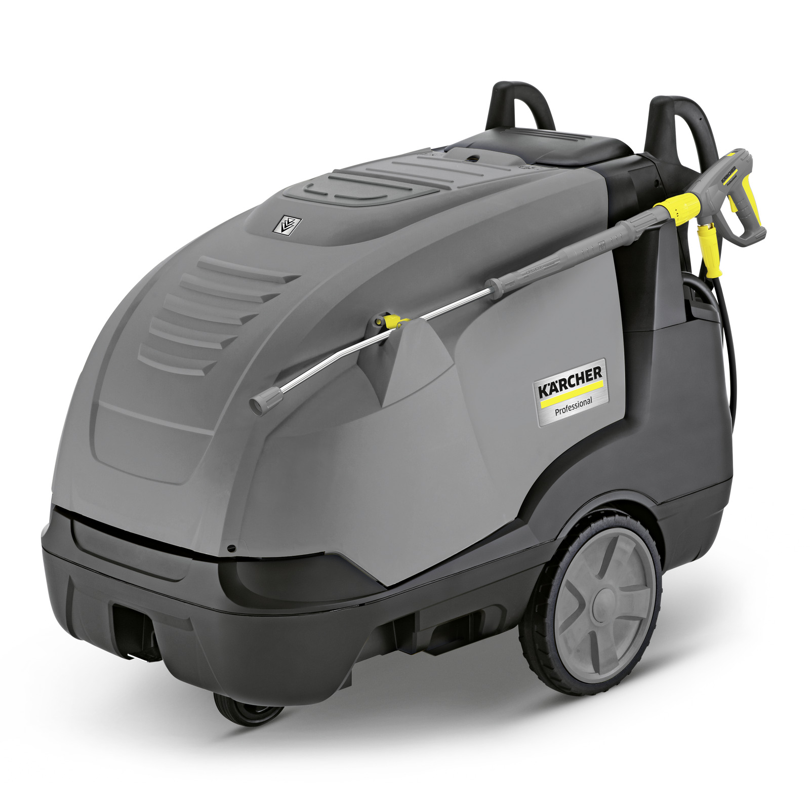 Kärcher professional high-pressure cleaner with grey body and large wheels, featuring a mounted spray lance. Kärcher professional high-pressure cleaner with grey body and large wheels, featuring a mounted spray lance.