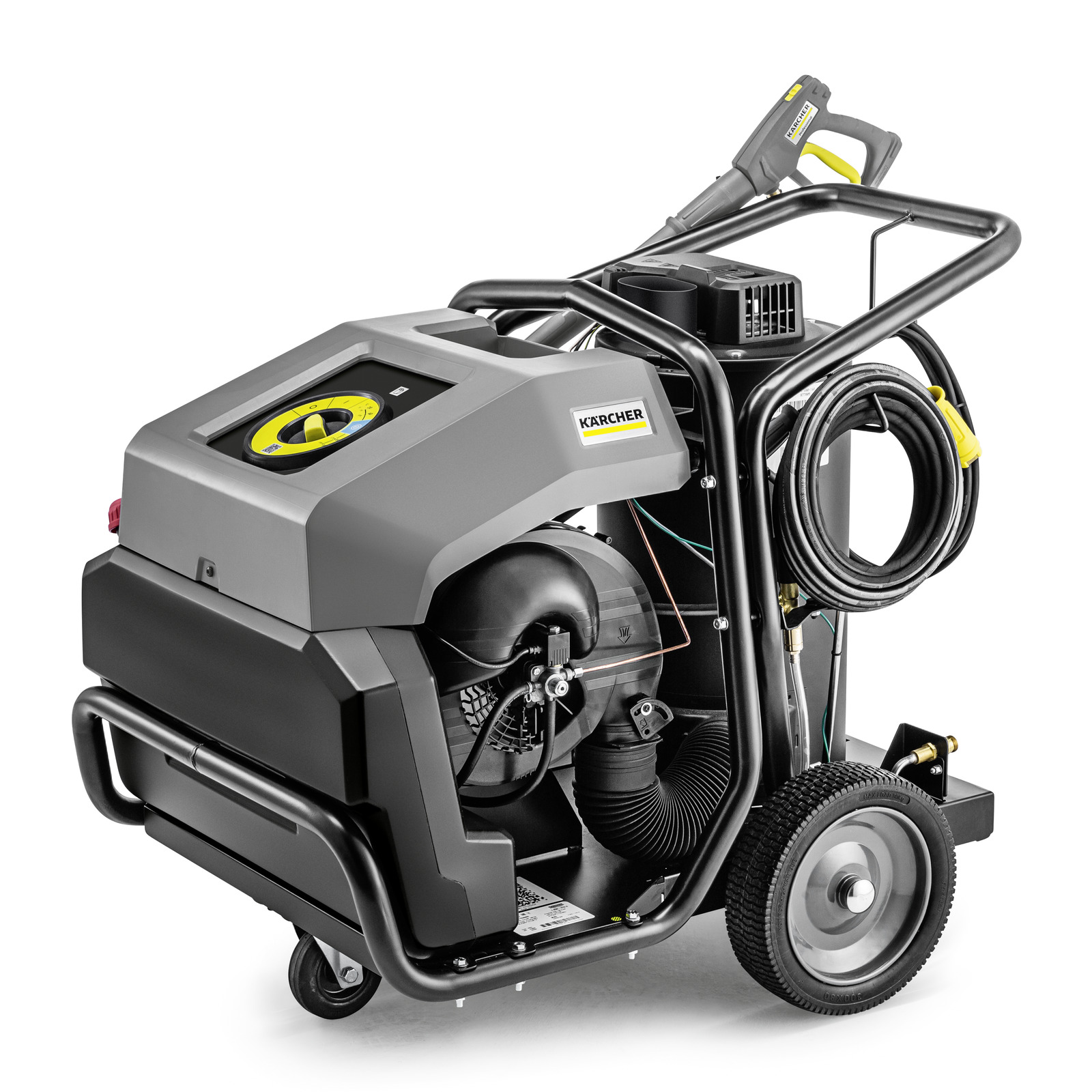 Kärcher high-pressure cleaner with wheels, hose, and handle, featuring a grey and black design.