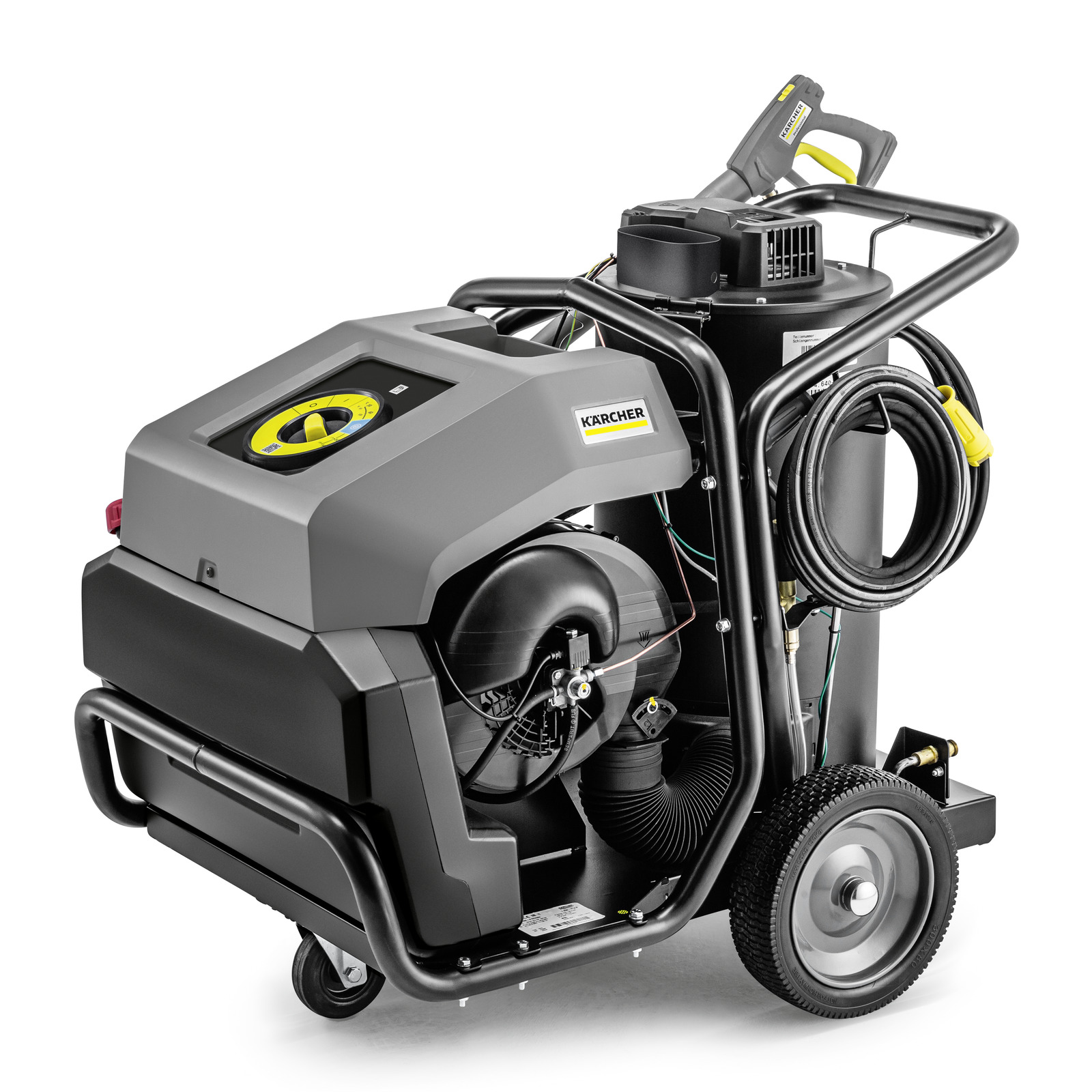 Kärcher industrial high-pressure cleaner with wheels, hose, and control panel in a grey and black design.