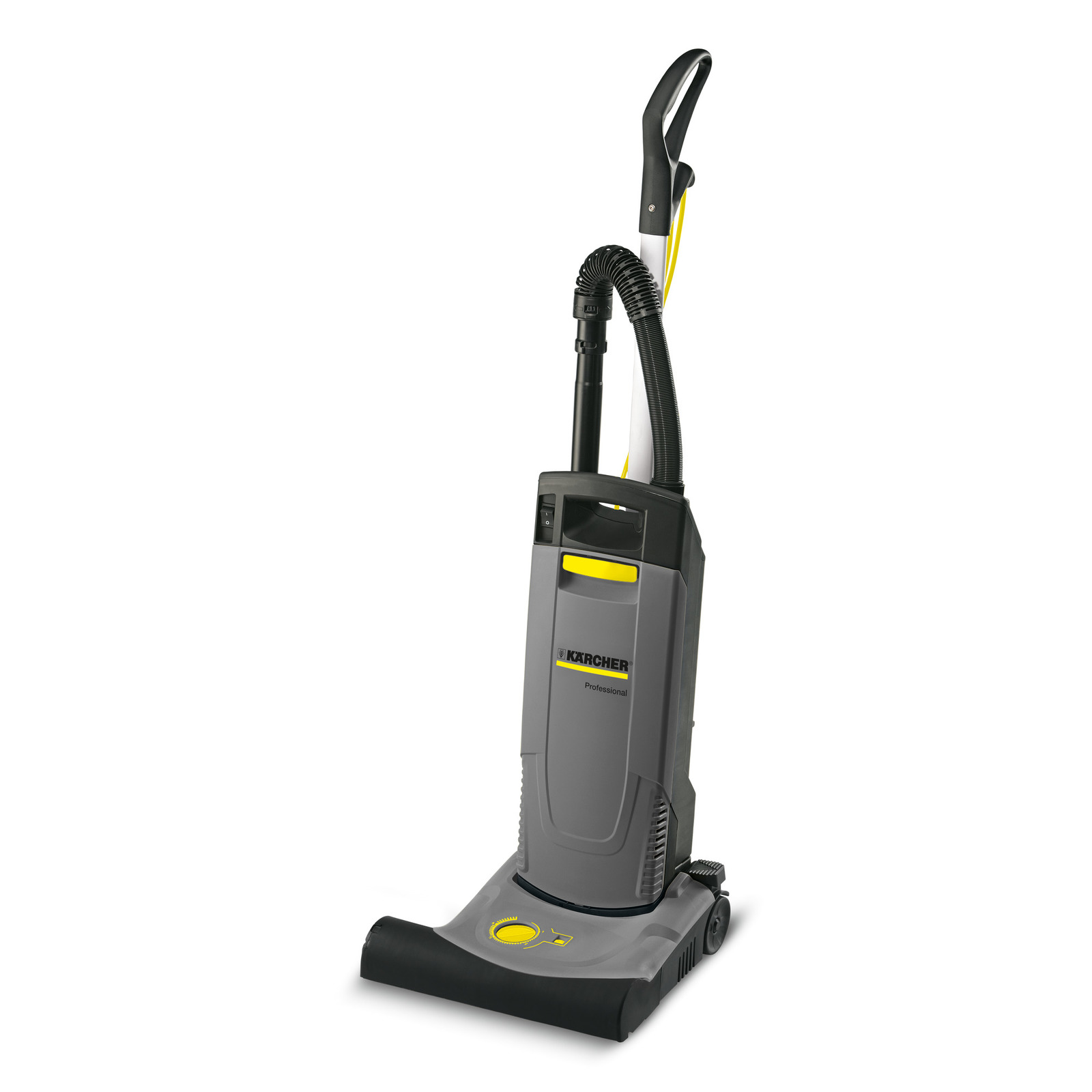Aspirator vertical Kärcher Professional, gri și negru, cu mâner ergonomic și furtun flexibil.