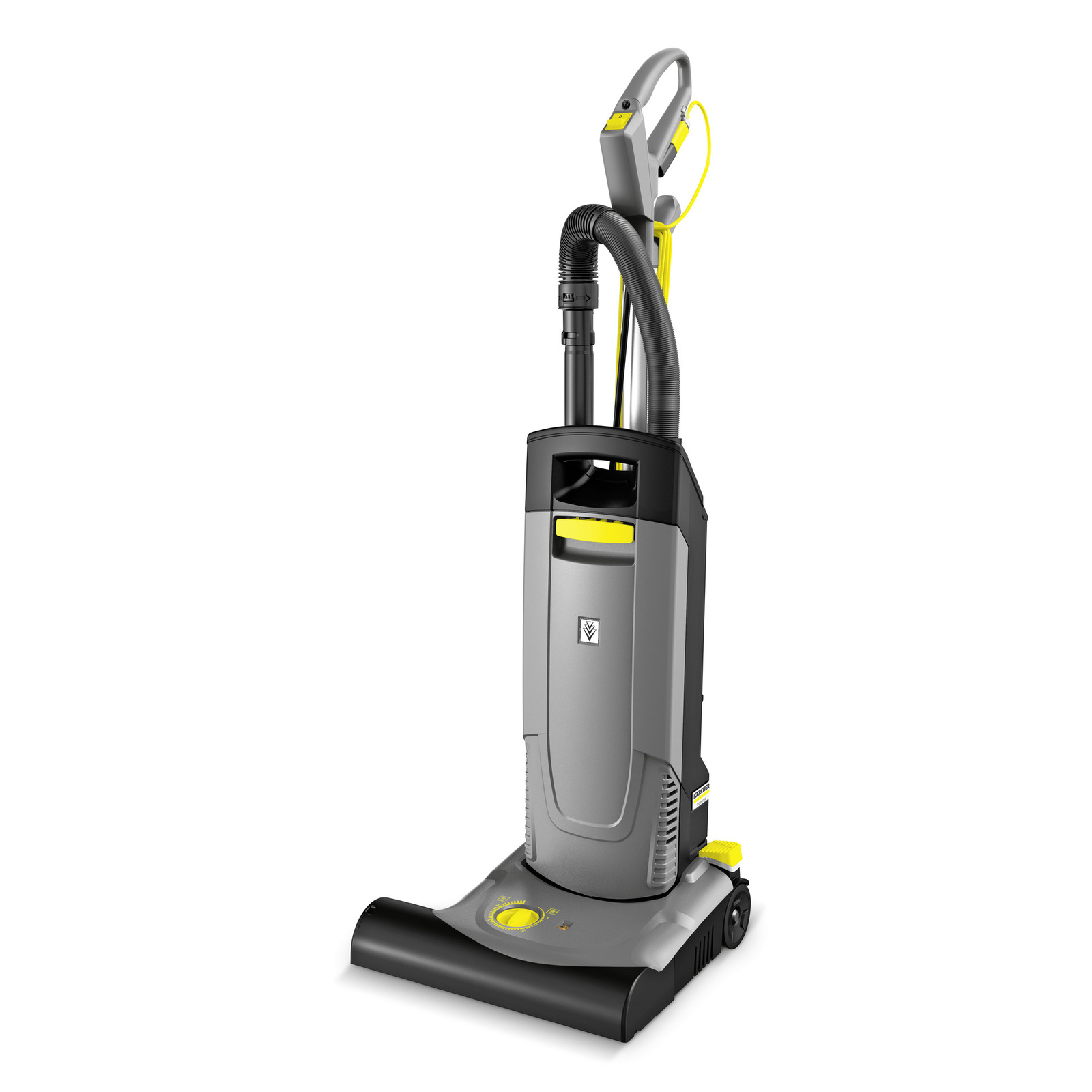 Kärcher upright vacuum cleaner with grey and black body, yellow accents, and ergonomic handle.