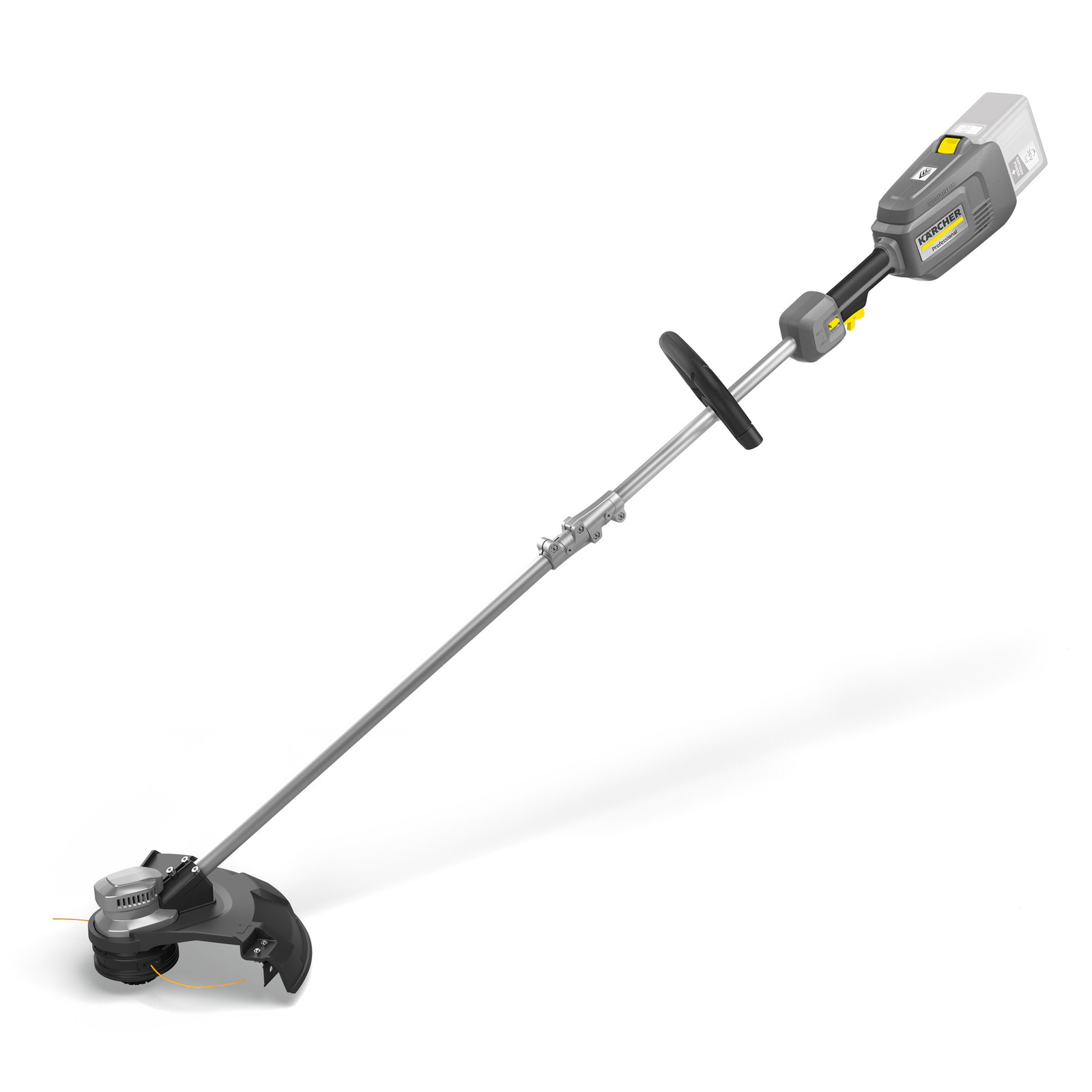 Trimmer de iarbă Kärcher cu mâner lung, gri, cu motor electric și protecție neagră pentru lamă.