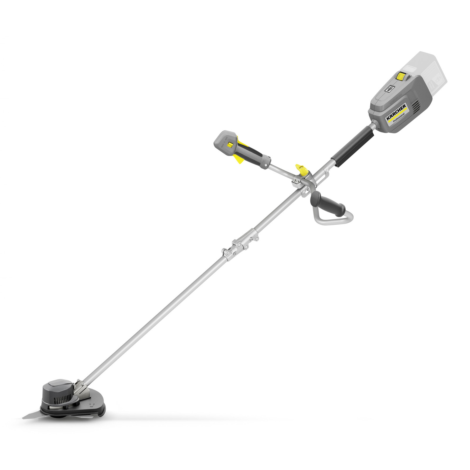 Kärcher Akku-Freischneider mit ergonomischem Griff und Schneidkopf, silber-grau mit gelben Akzenten.