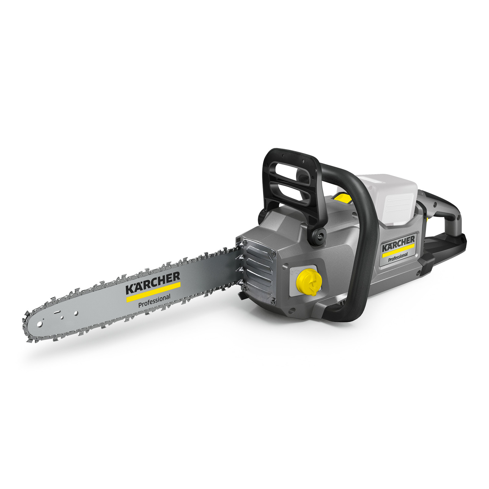 Kärcher chainsaw with grey body, black handle, and yellow adjustment knob, set against a white background.