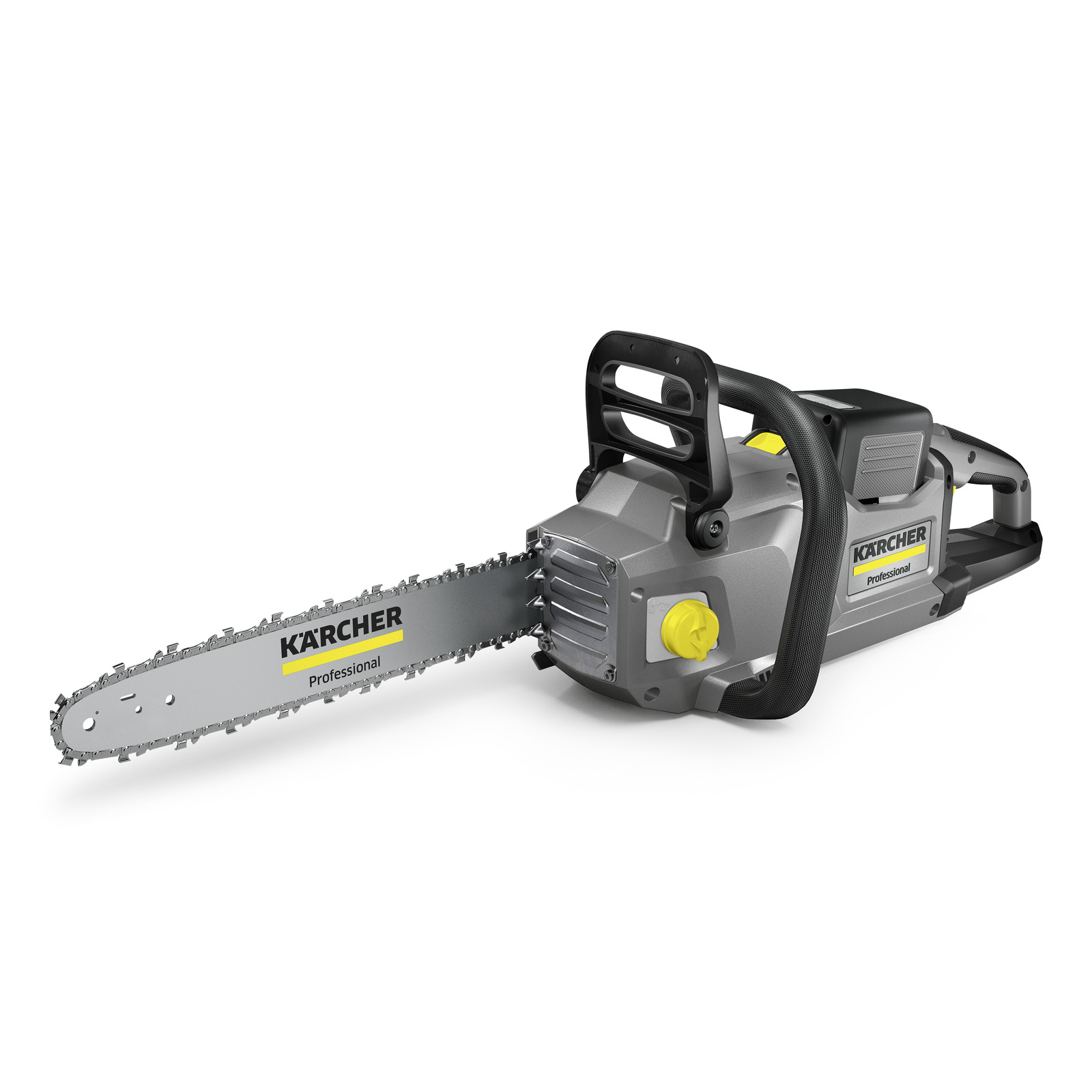 Kärcher chainsaw with a grey body and yellow accents, displayed on a plain white background. Kärcher chainsaw with a grey body and yellow accents, displayed on a plain white background.