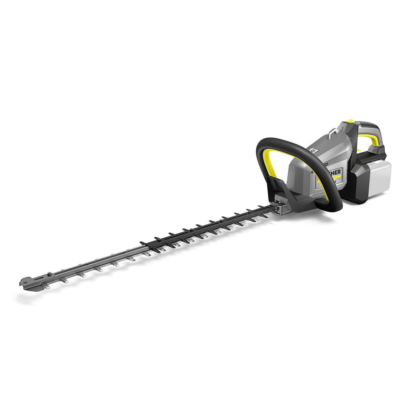Kärcher Akku-Heckenschere mit grauem Gehäuse, schwarzem Griff und gelben Akzenten.