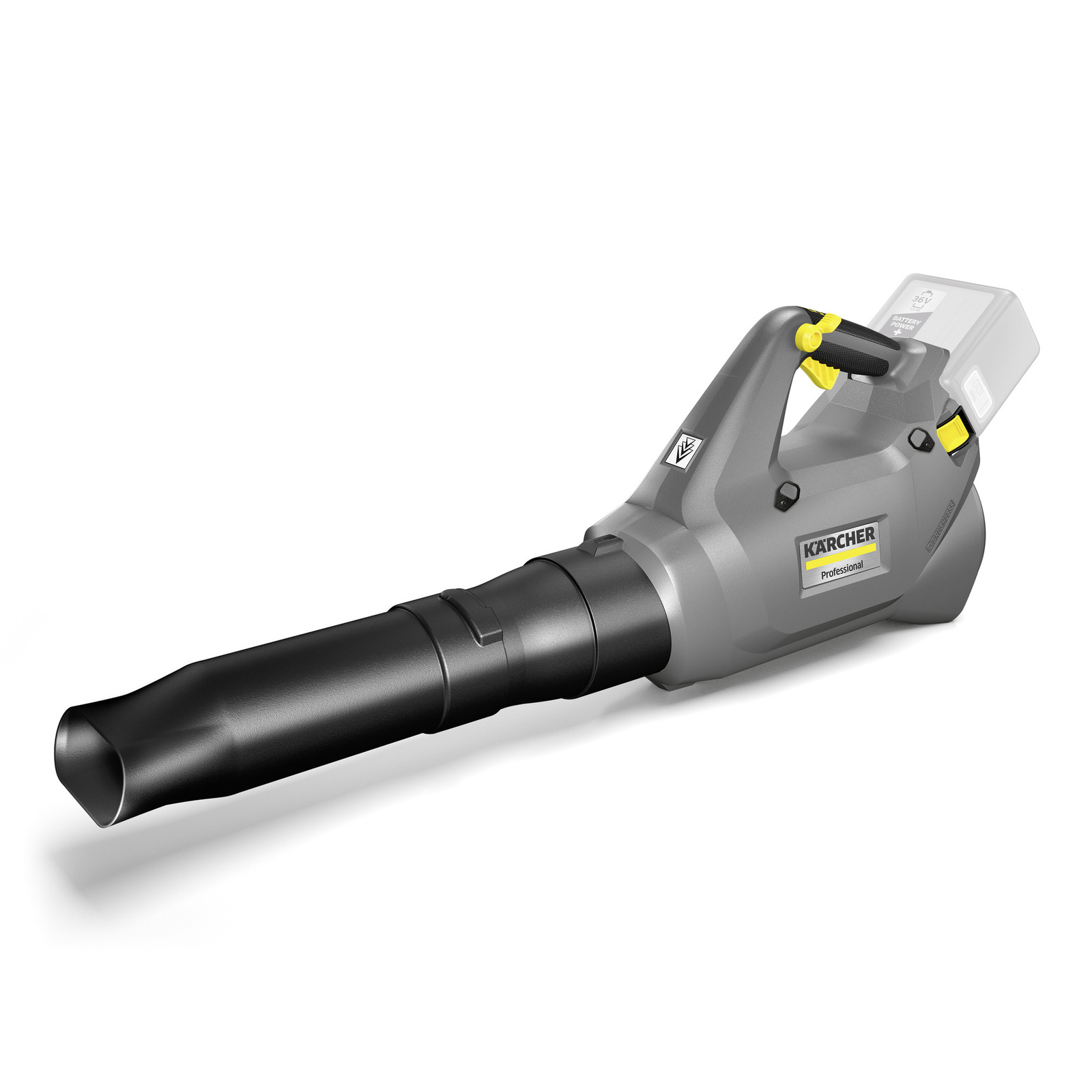 Kärcher handheld blower in grey with black nozzle and yellow accents, featuring a visible battery compartment.