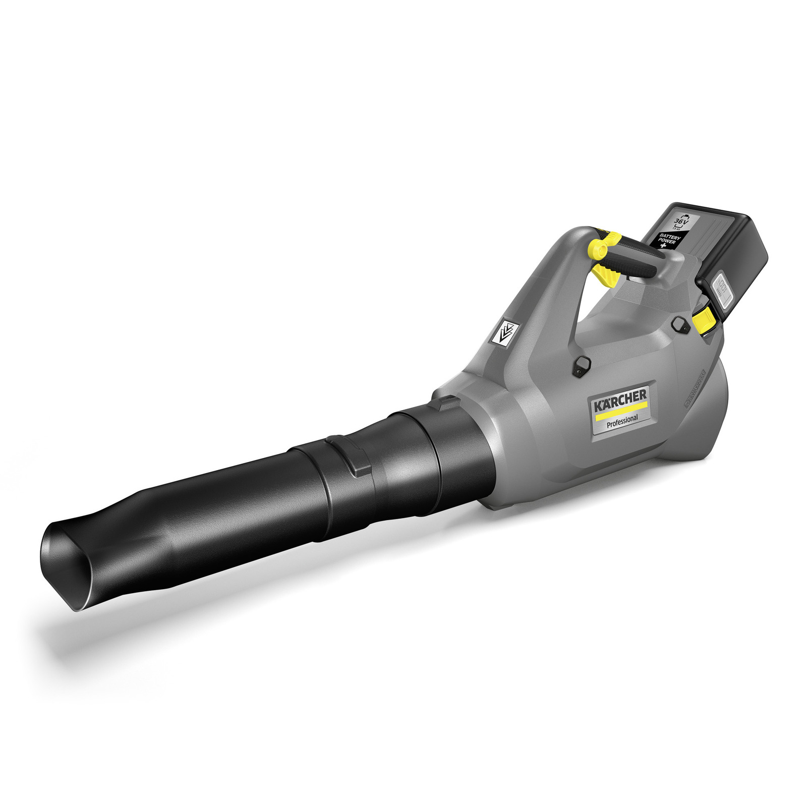 Kärcher battery-powered leaf blower with grey body and black nozzle, featuring yellow accents and a visible battery pack. Kärcher battery-powered leaf blower with grey body and black nozzle, featuring yellow accents and a visible battery pack.