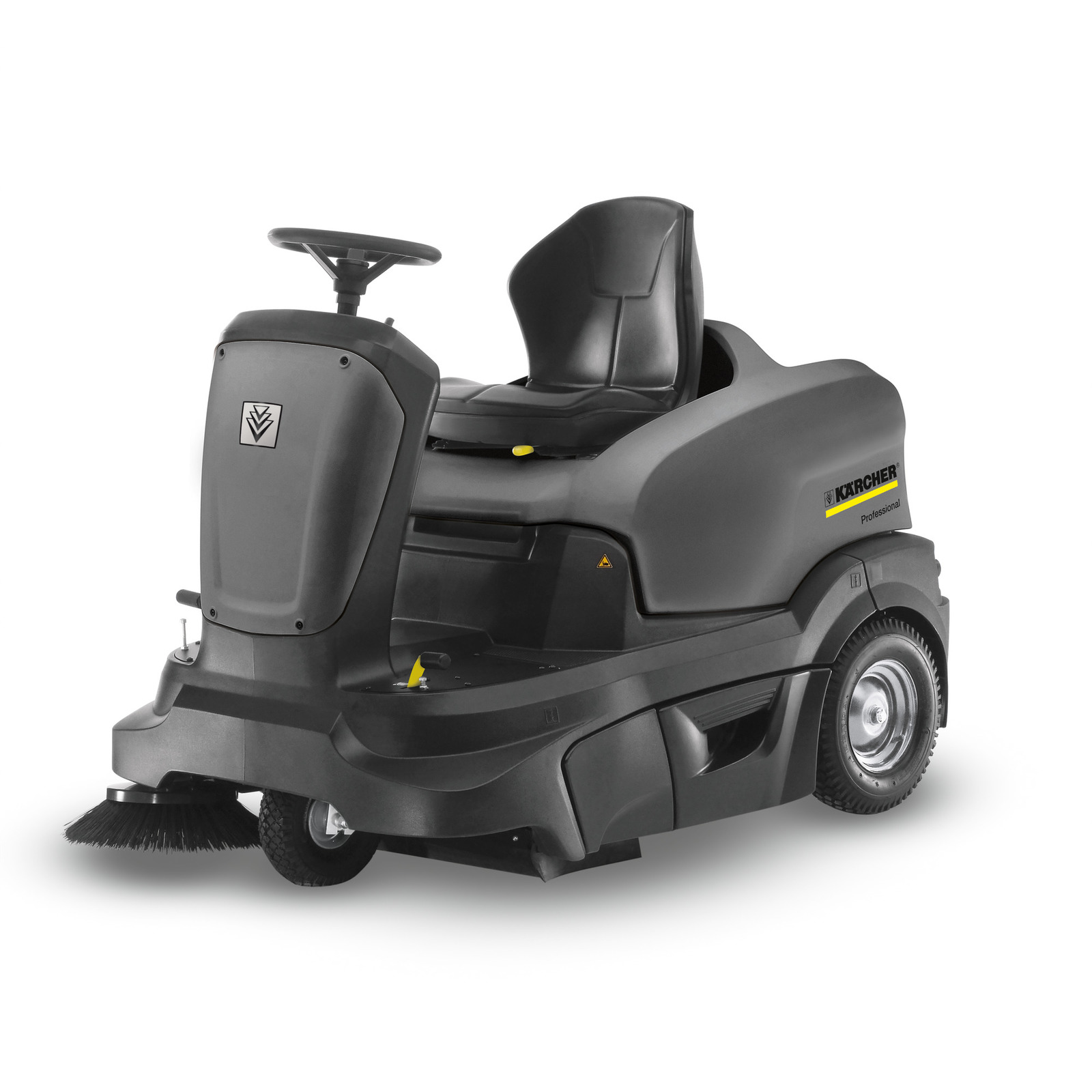 Kärcher ride-on sweeper with black seat and steering wheel, featuring a front brush and grey body.