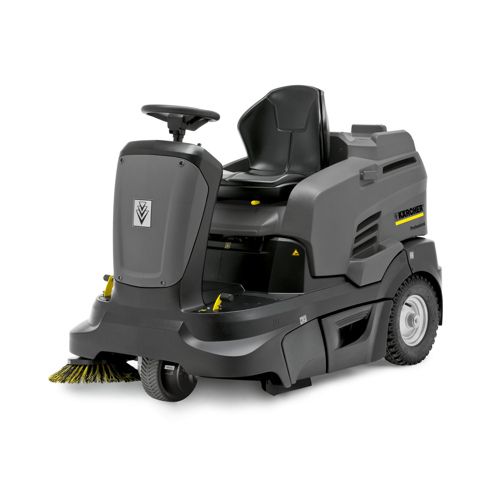 Kärcher ride-on floor sweeper with a steering wheel, seat, and visible brushes, designed for professional cleaning. Kärcher ride-on floor sweeper with a steering wheel, seat, and visible brushes, designed for professional cleaning.