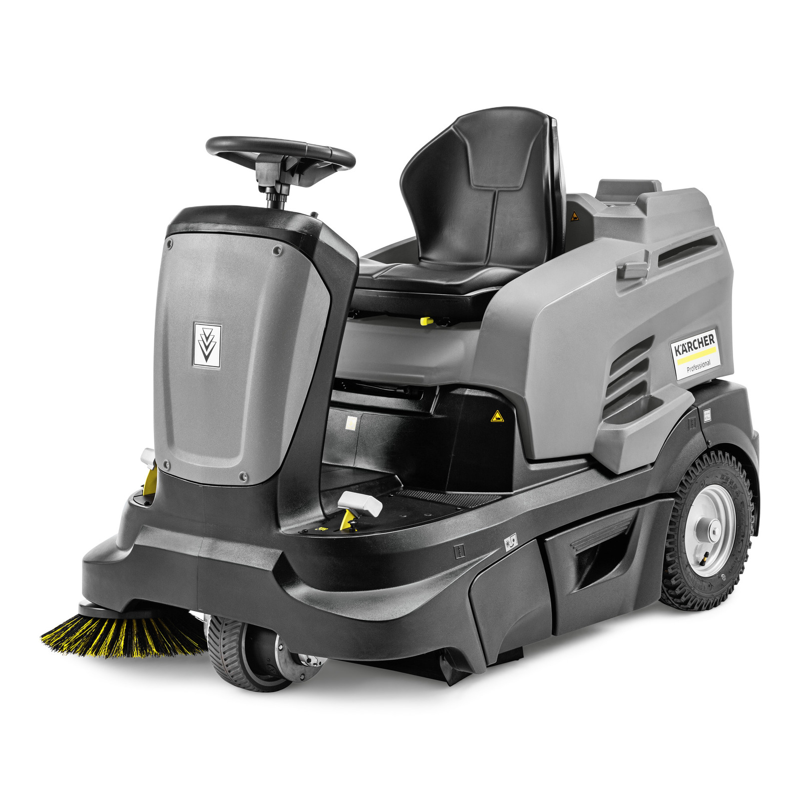 Kärcher ride-on sweeper with a black seat, steering wheel, and visible side brush. Kärcher ride-on sweeper with a black seat, steering wheel, and visible side brush.