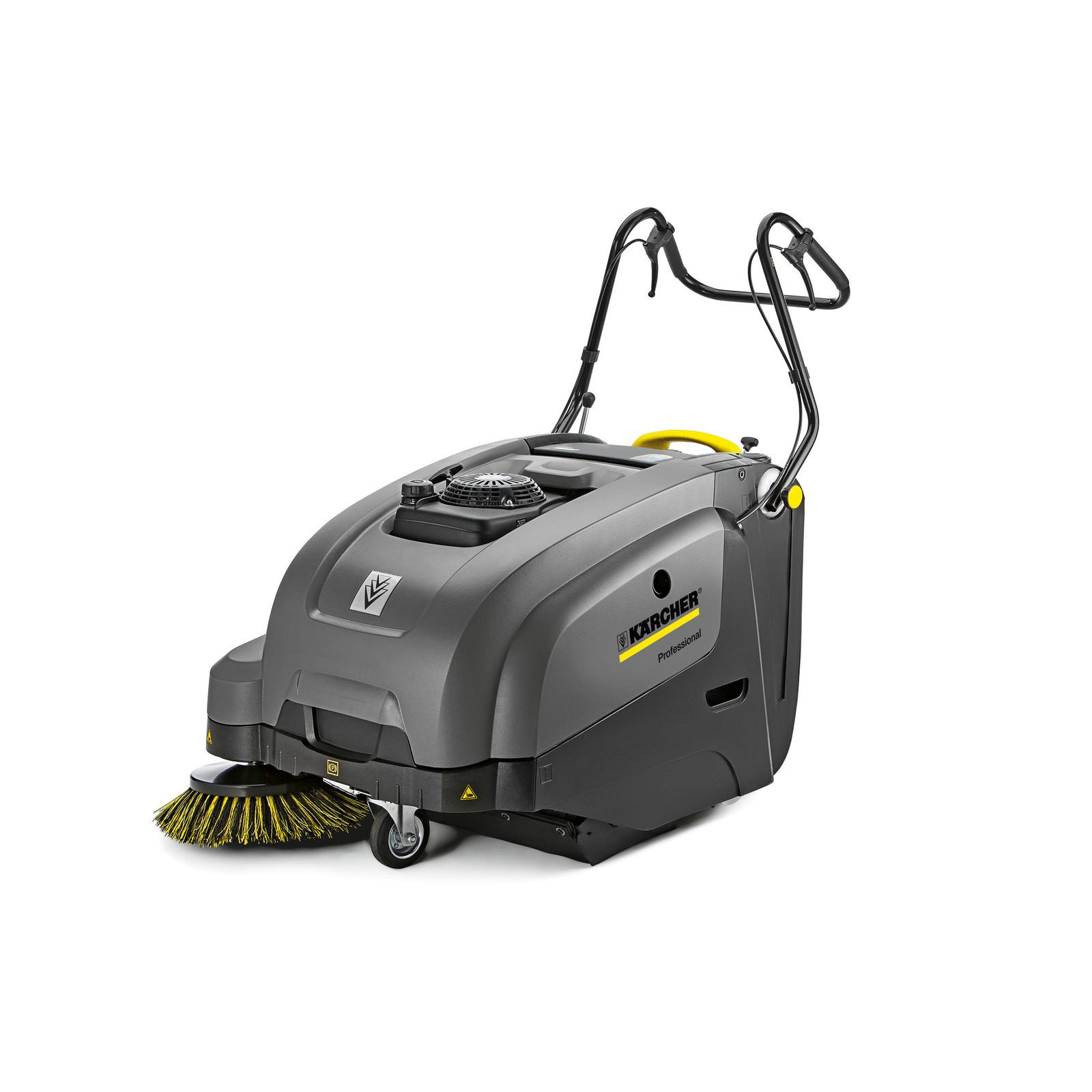 Kärcher professional floor sweeper with dual handles and yellow bristles, designed for industrial cleaning. Kärcher professional floor sweeper with dual handles and yellow bristles, designed for industrial cleaning.