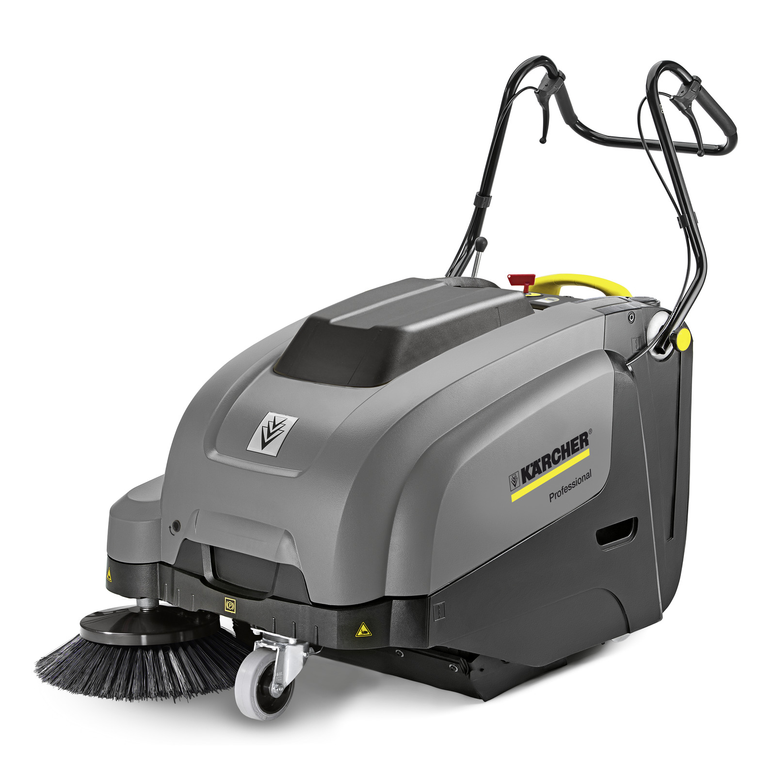 Kärcher professional floor sweeper with grey body, black handle, and visible brush wheel. Kärcher professional floor sweeper with grey body, black handle, and visible brush wheel.