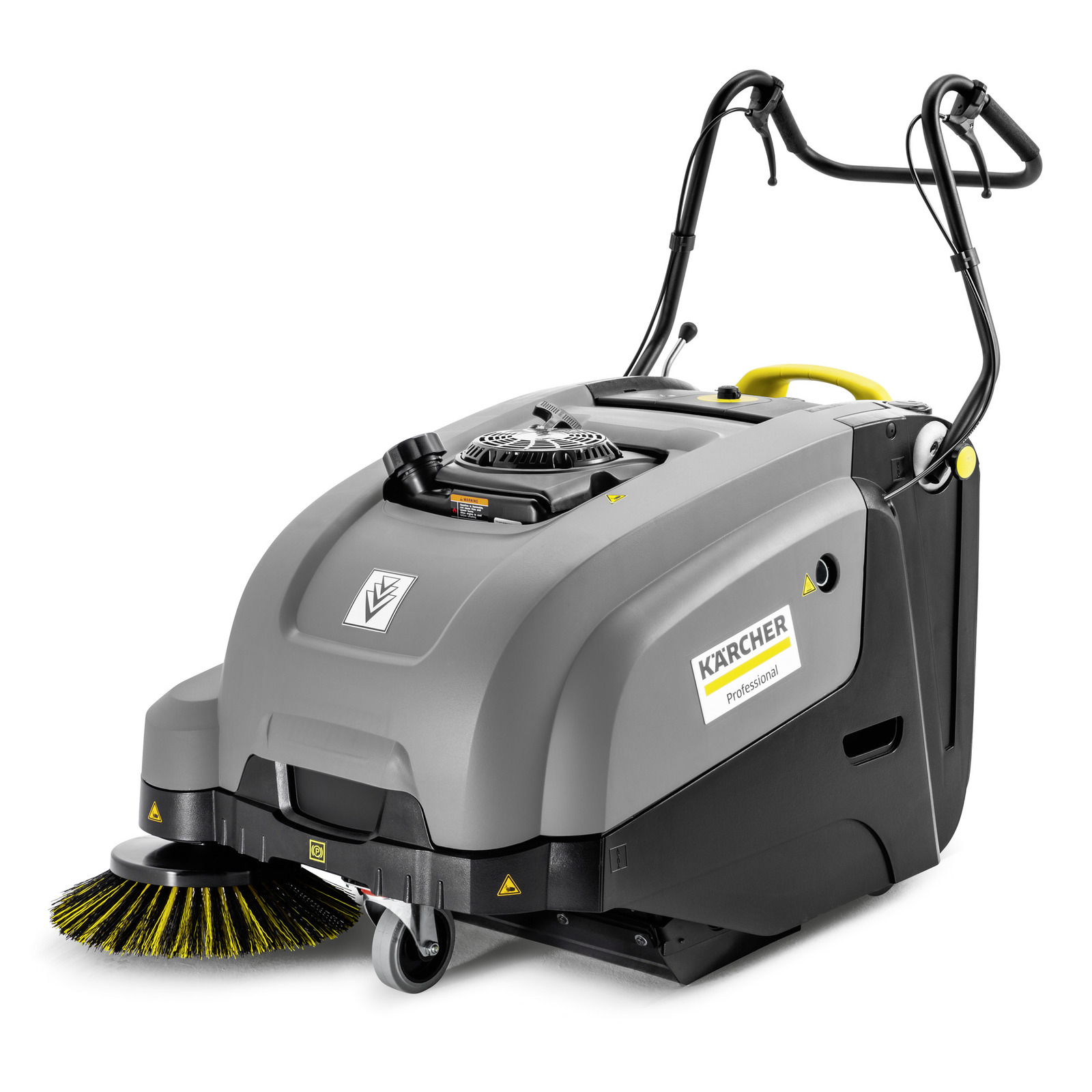 Kärcher professional floor sweeper with grey body, black handles, and yellow brush, designed for industrial cleaning.