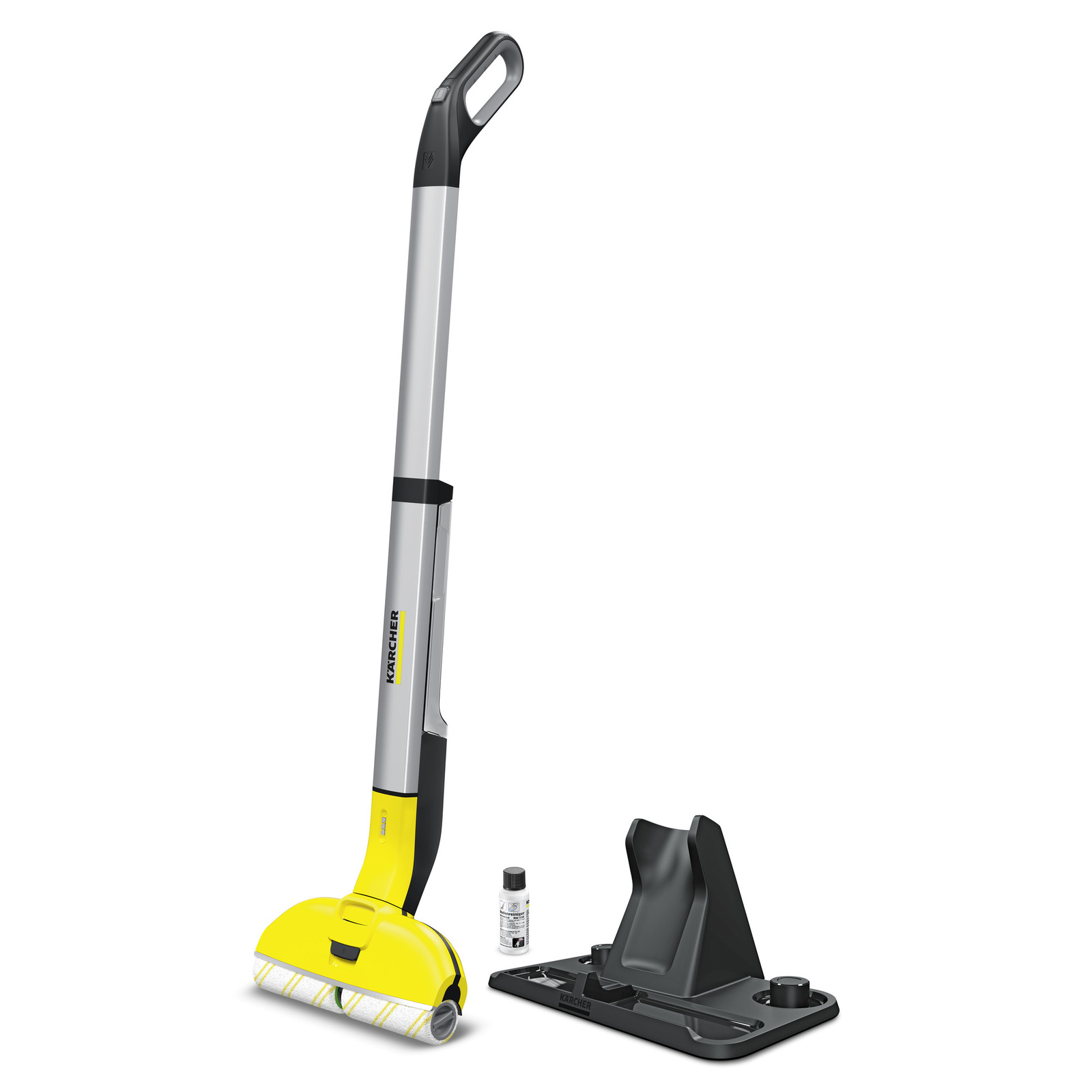 Kärcher floor cleaner with yellow head, docking station, and cleaning solution bottle on white background. Kärcher floor cleaner with yellow head, docking station, and cleaning solution bottle on white background.