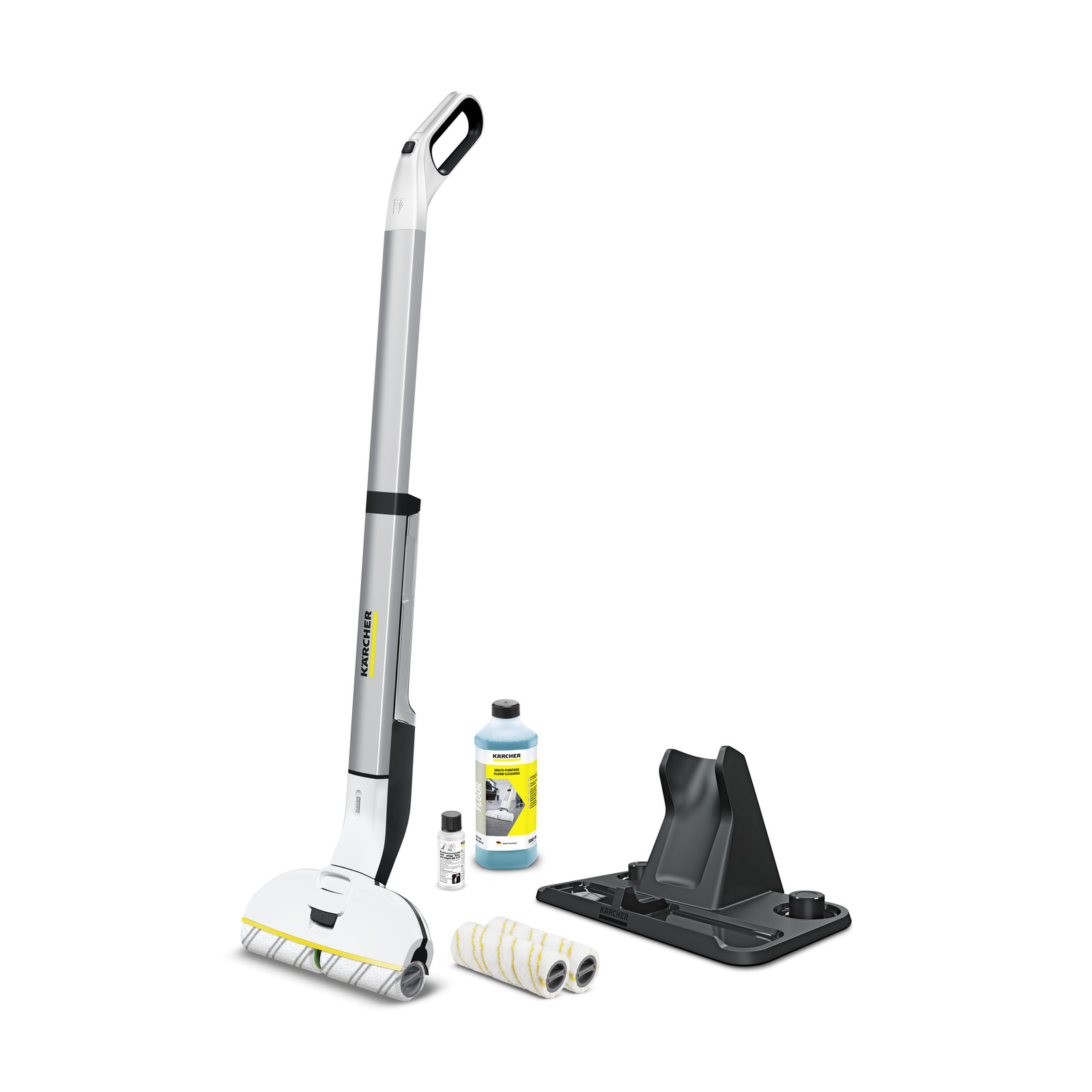 Kärcher floor cleaner with detergent bottle, two cleaning rollers, and a black stand on a white background.