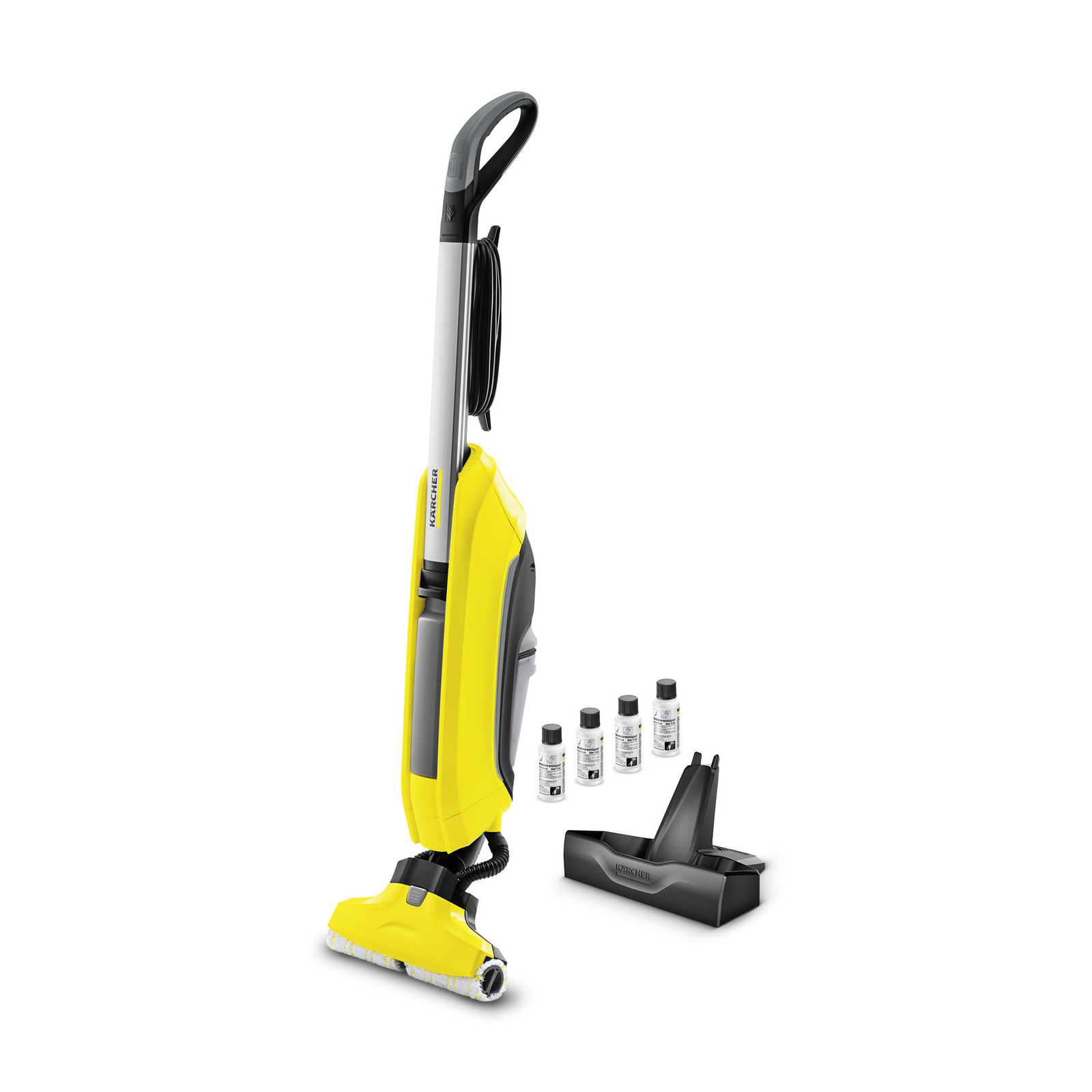 Kärcher floor cleaner with yellow body, cleaning solution bottles, and docking station on white background.