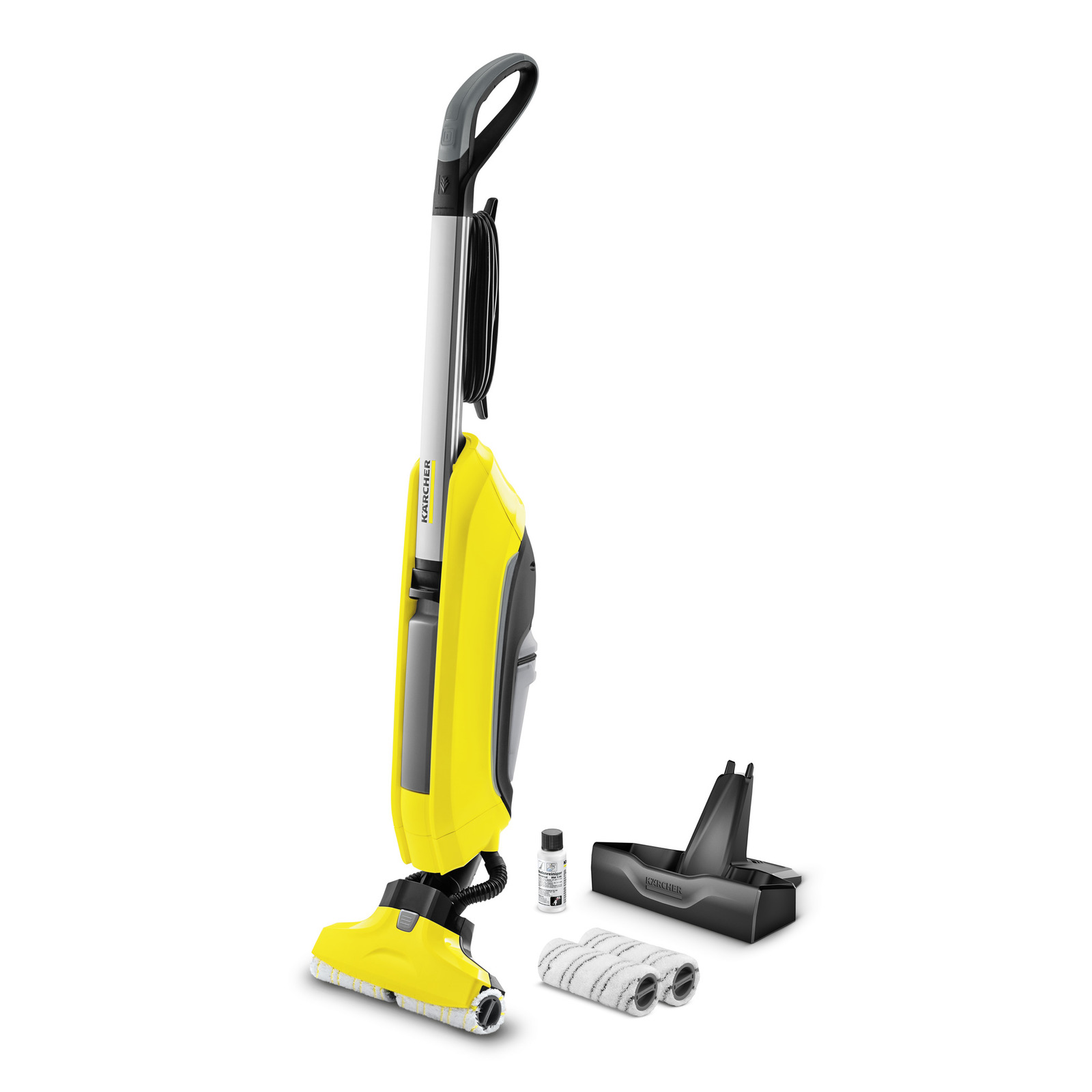 Kärcher floor cleaner with handle, power cord, cleaning solution, two roller brushes, and a black docking station.
