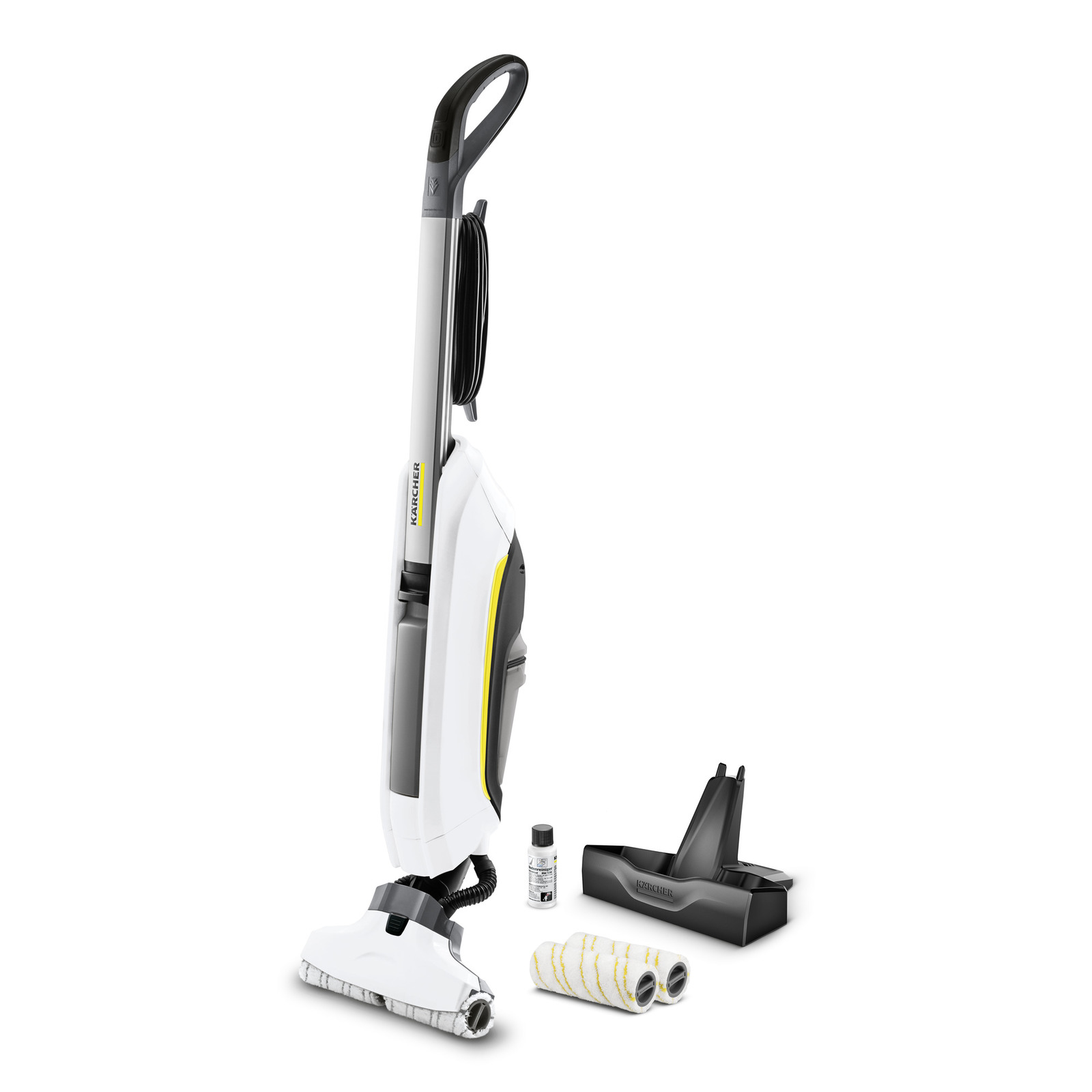 Kärcher floor cleaner with handle, cord, cleaning solution, two rollers, and docking station on white background.