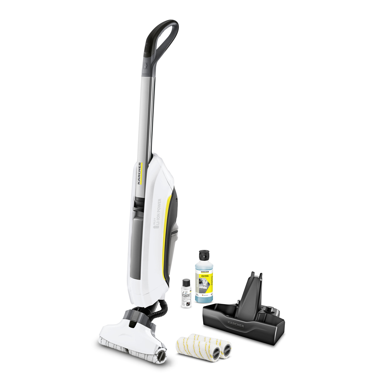 Aspirator vertical Kärcher cu accesorii: soluții de curățare, suport de încărcare și role de curățare.