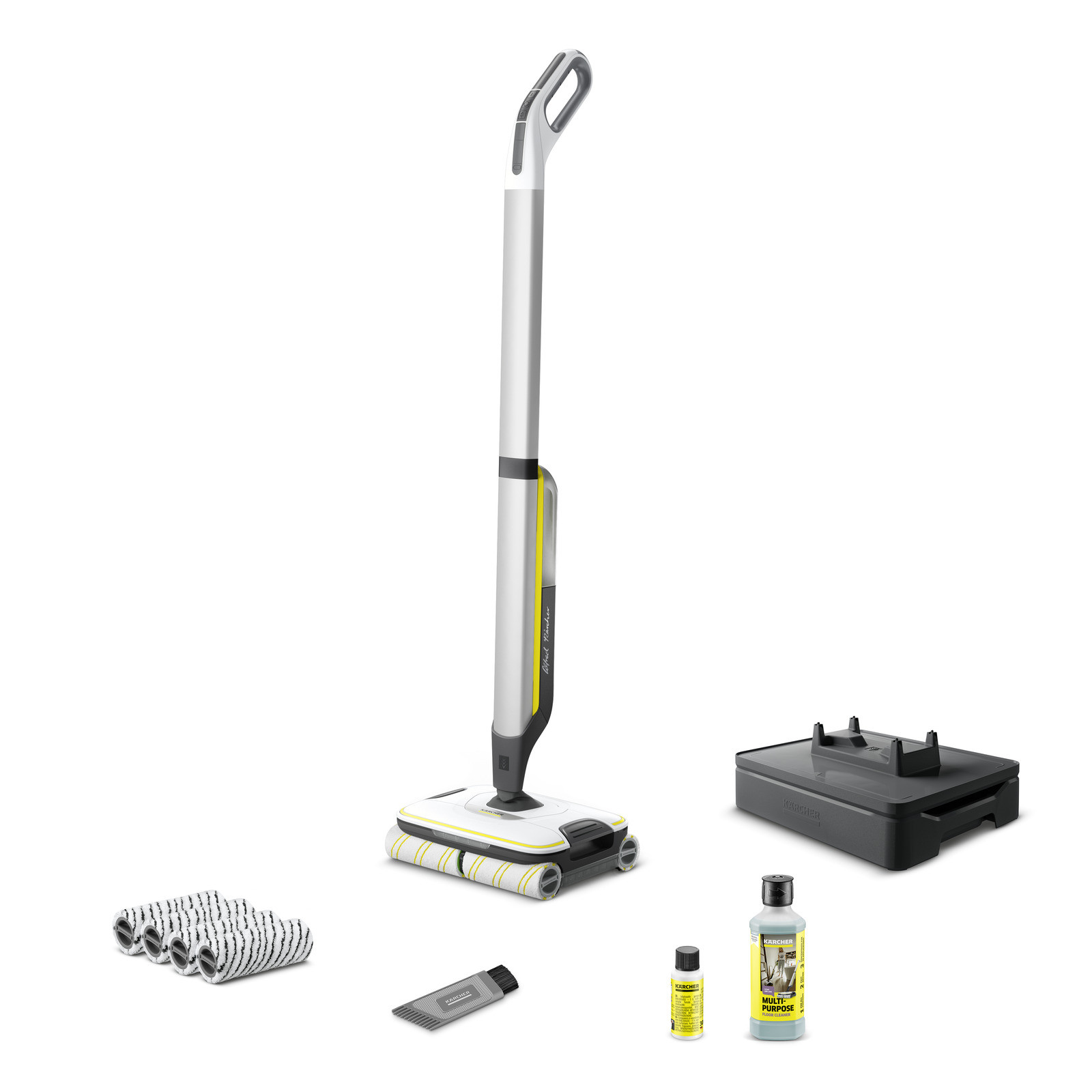 Kärcher Bodenreiniger mit Zubehör: Reinigungsrollen, Reinigungsmittel, Ladegerät und Pflegeprodukt auf weißem Hintergrund.