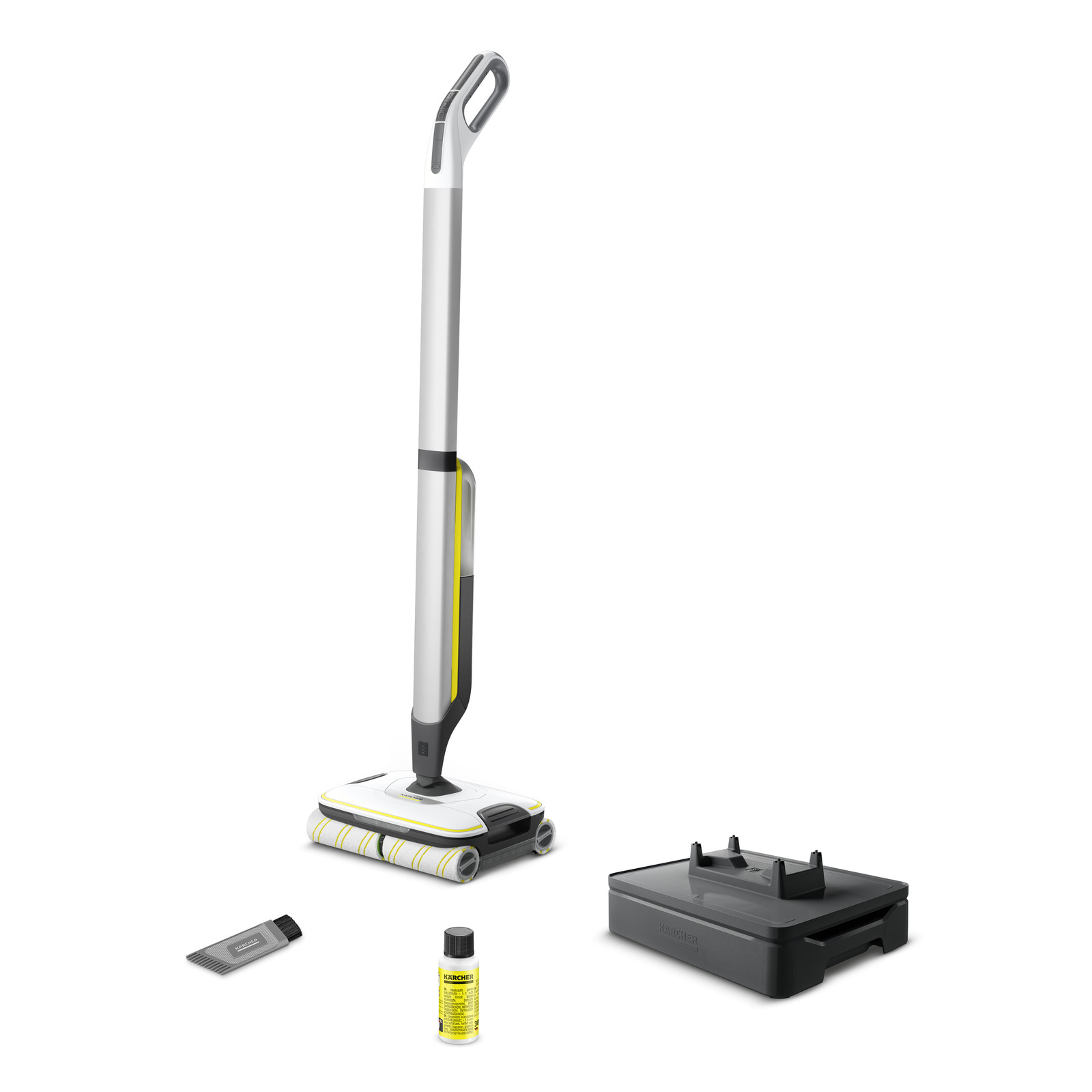 Kärcher floor cleaner with accessories including a cleaning solution bottle, a black docking station, and a small tube. Kärcher floor cleaner with accessories including a cleaning solution bottle, a black docking station, and a small tube.