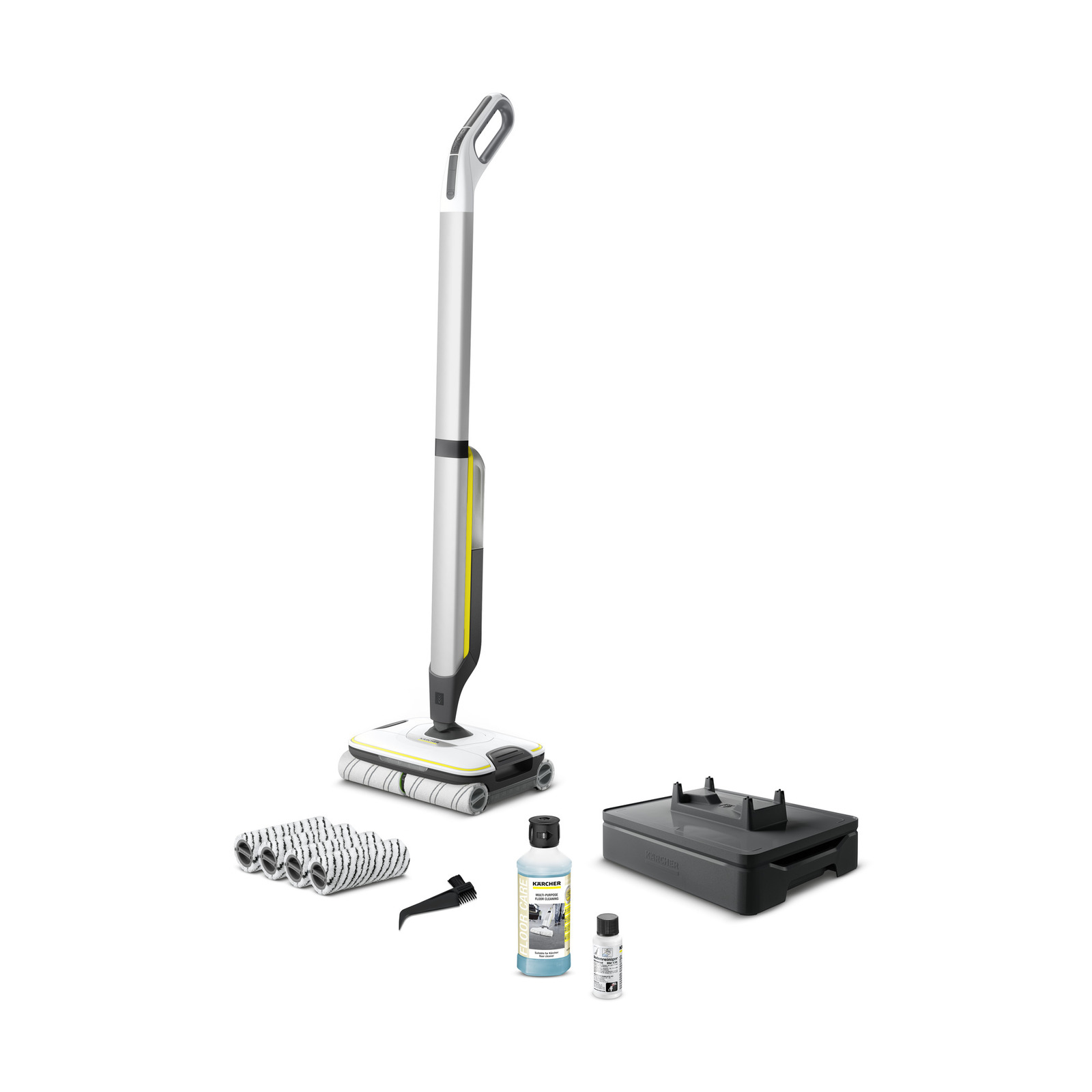 Kärcher Bodenreiniger mit Zubehör: Reinigungsmittel, Ersatzrollen, Ladegerät und Werkzeug auf weißem Hintergrund.