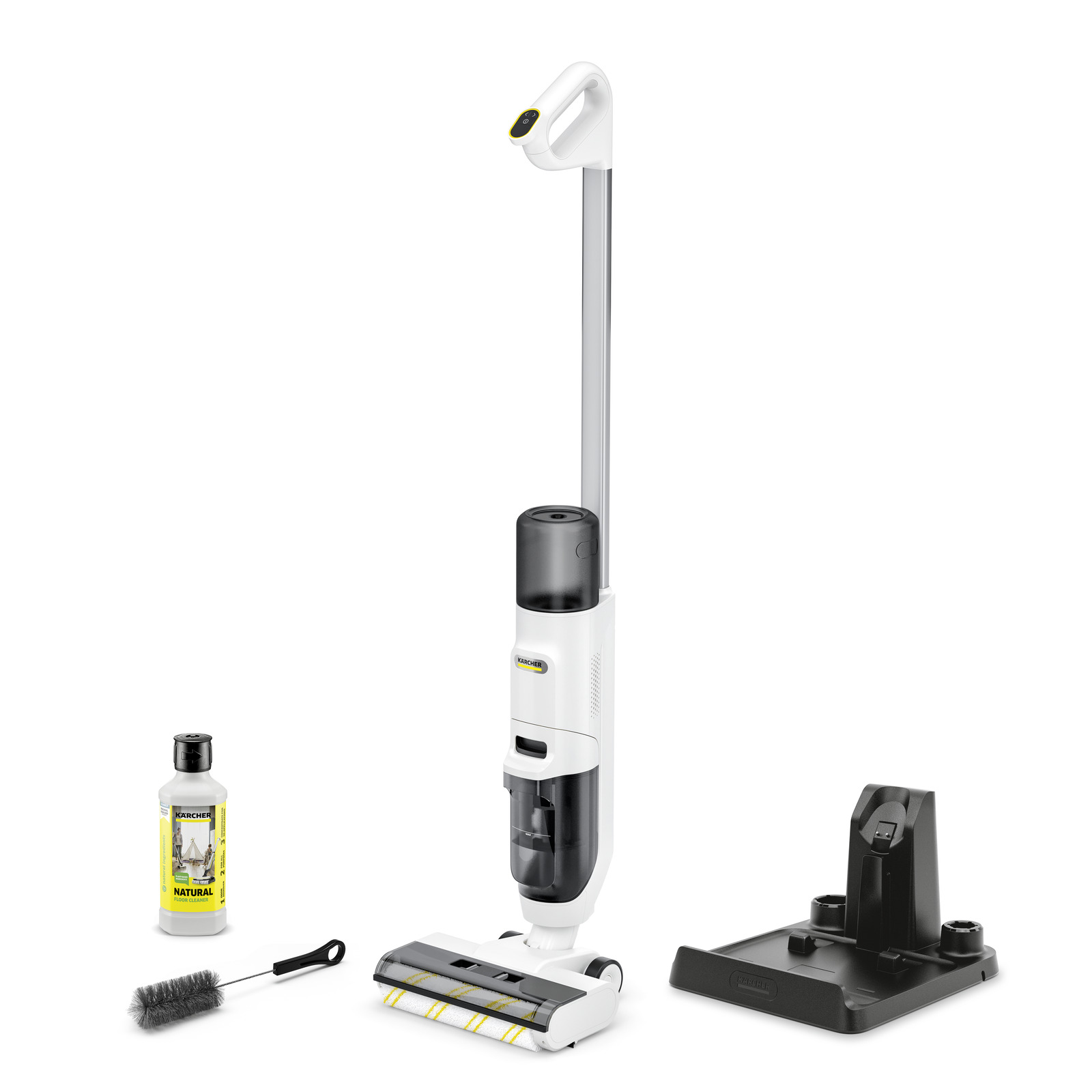 Aspirator vertical Kärcher, detergent, perie și suport negru pe fundal alb.