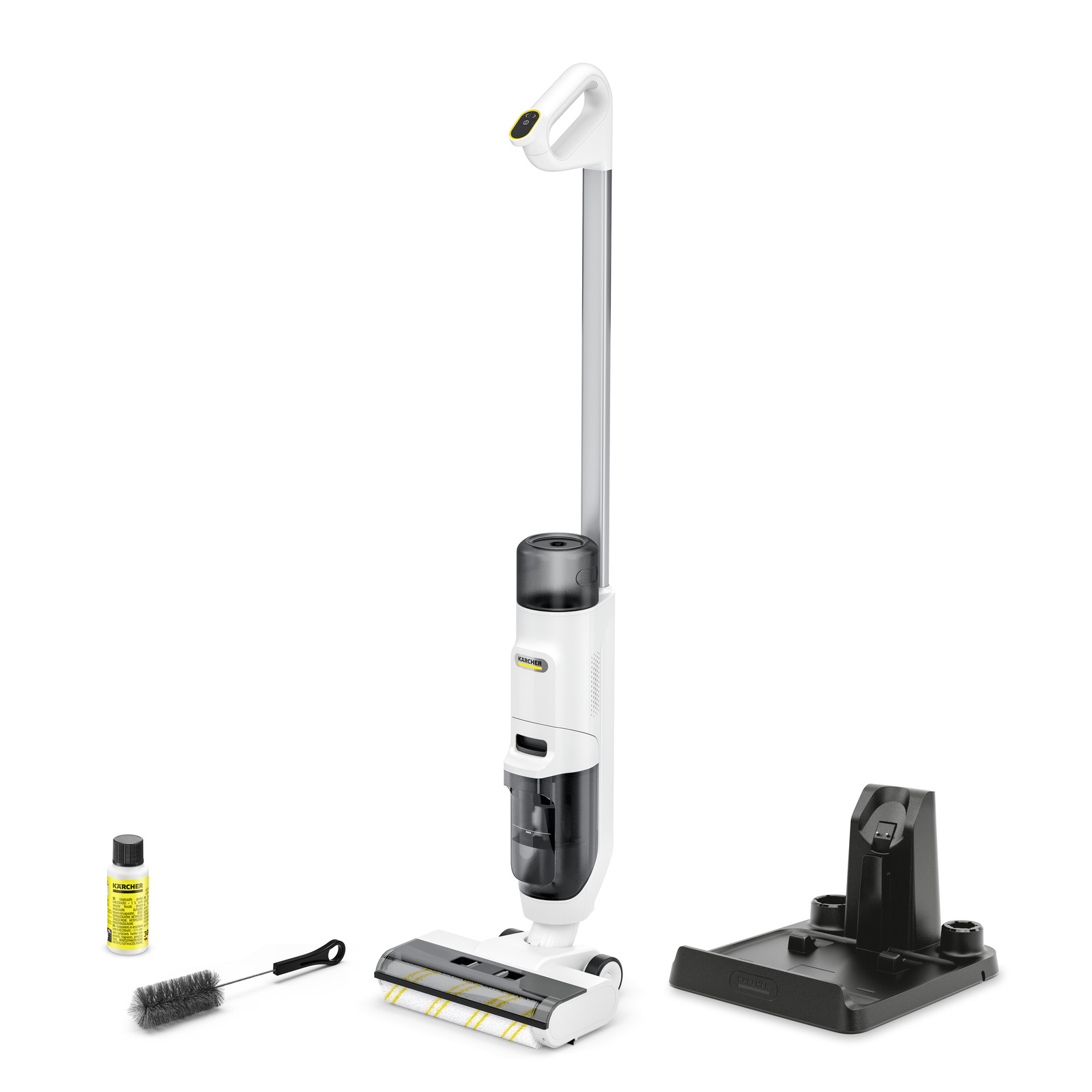 Kärcher cordless floor cleaner with brush, cleaning solution bottle, and charging stand on white background.
