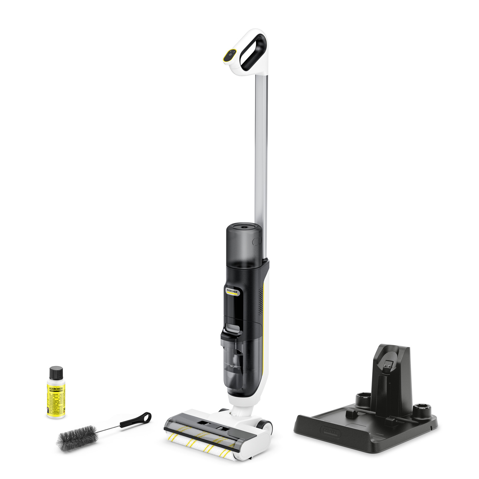 Aspirator vertical Kärcher cu accesorii: perie, detergent și suport de încărcare, pe fundal alb.