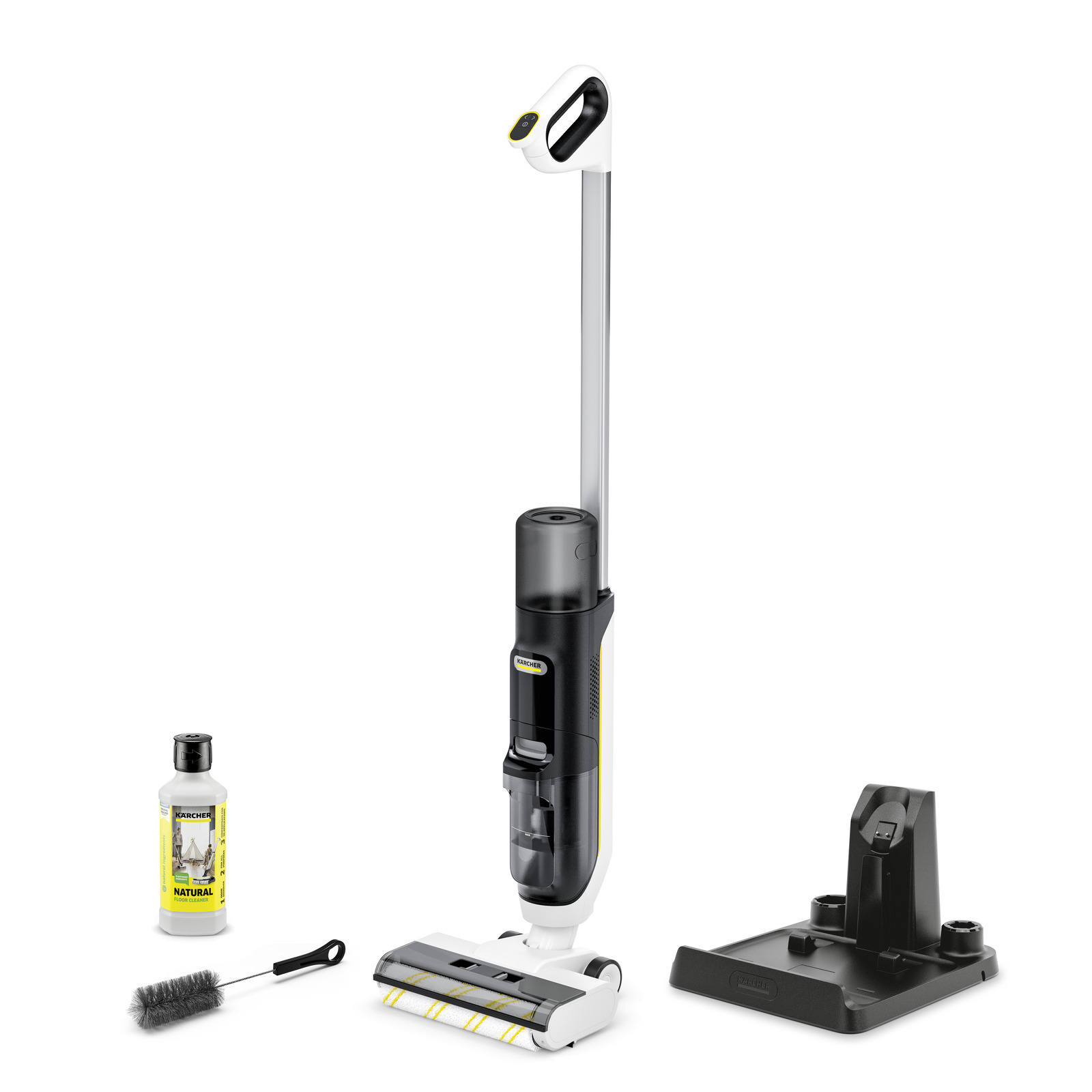 Kärcher cordless floor cleaner with cleaning solution, brush, and charging stand on white background.