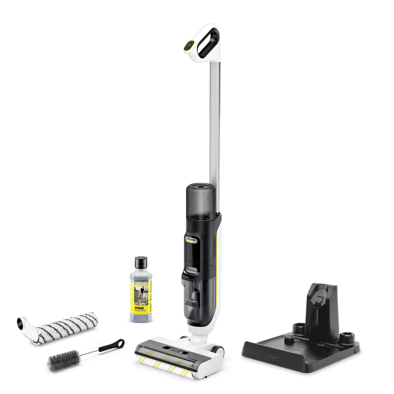 Aspirator vertical Kärcher cu accesorii: perie, detergent, suport de încărcare și rezervor de apă.