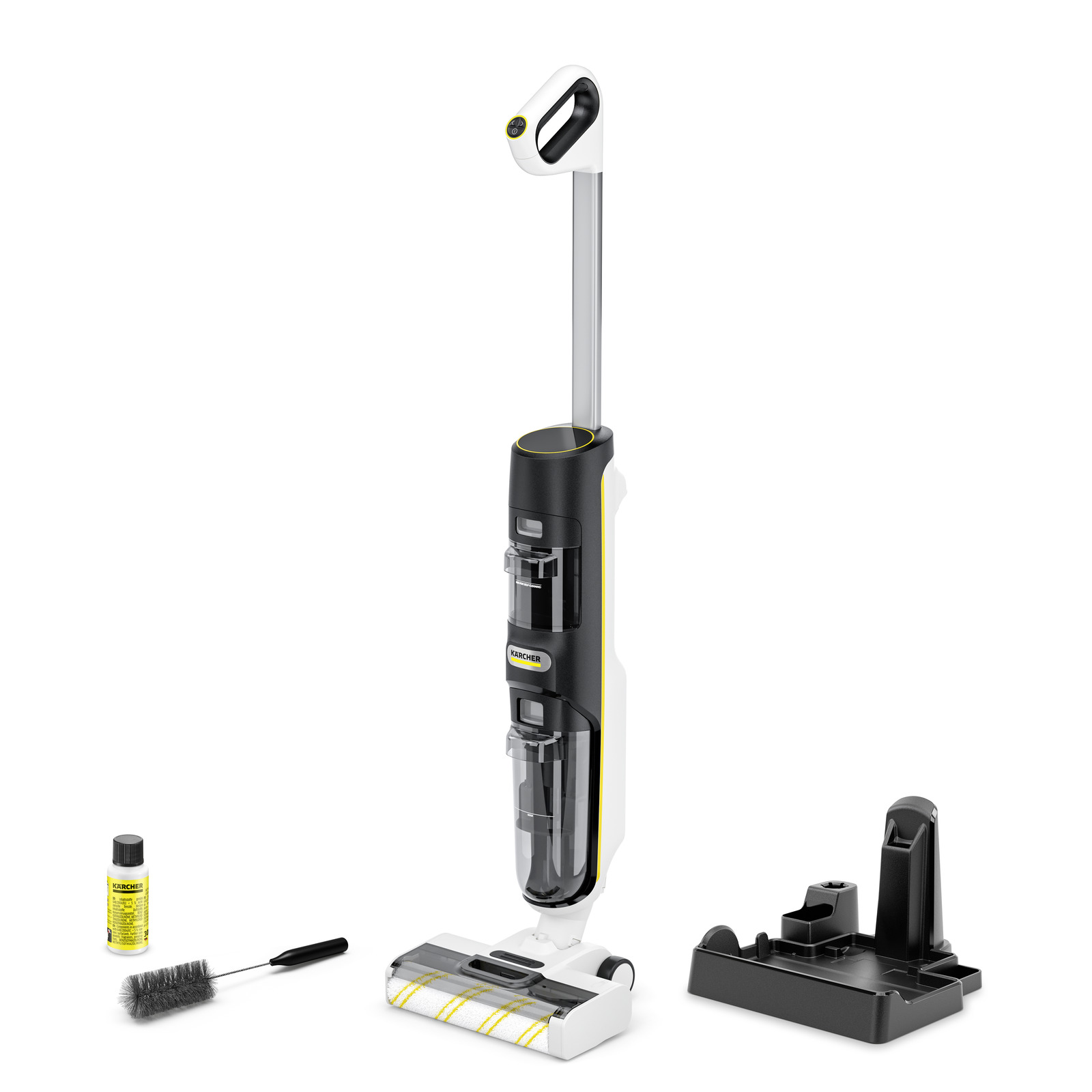 Aspirator vertical Kärcher cu accesorii: perie, detergent și suport de încărcare, pe fundal alb.