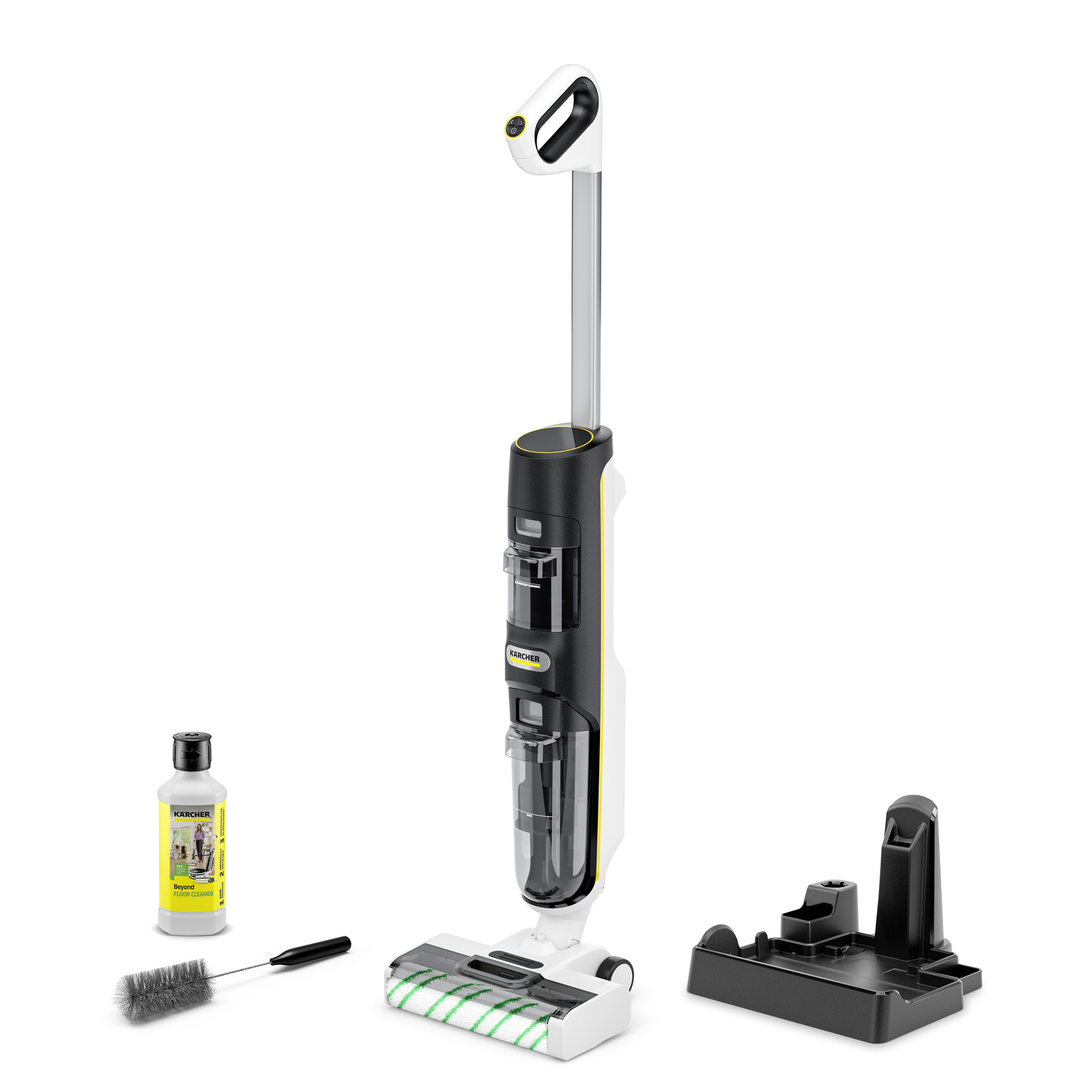 Kärcher floor cleaner, white and yellow, with a charging base, cleaning solution bottle, and brush on a white background.