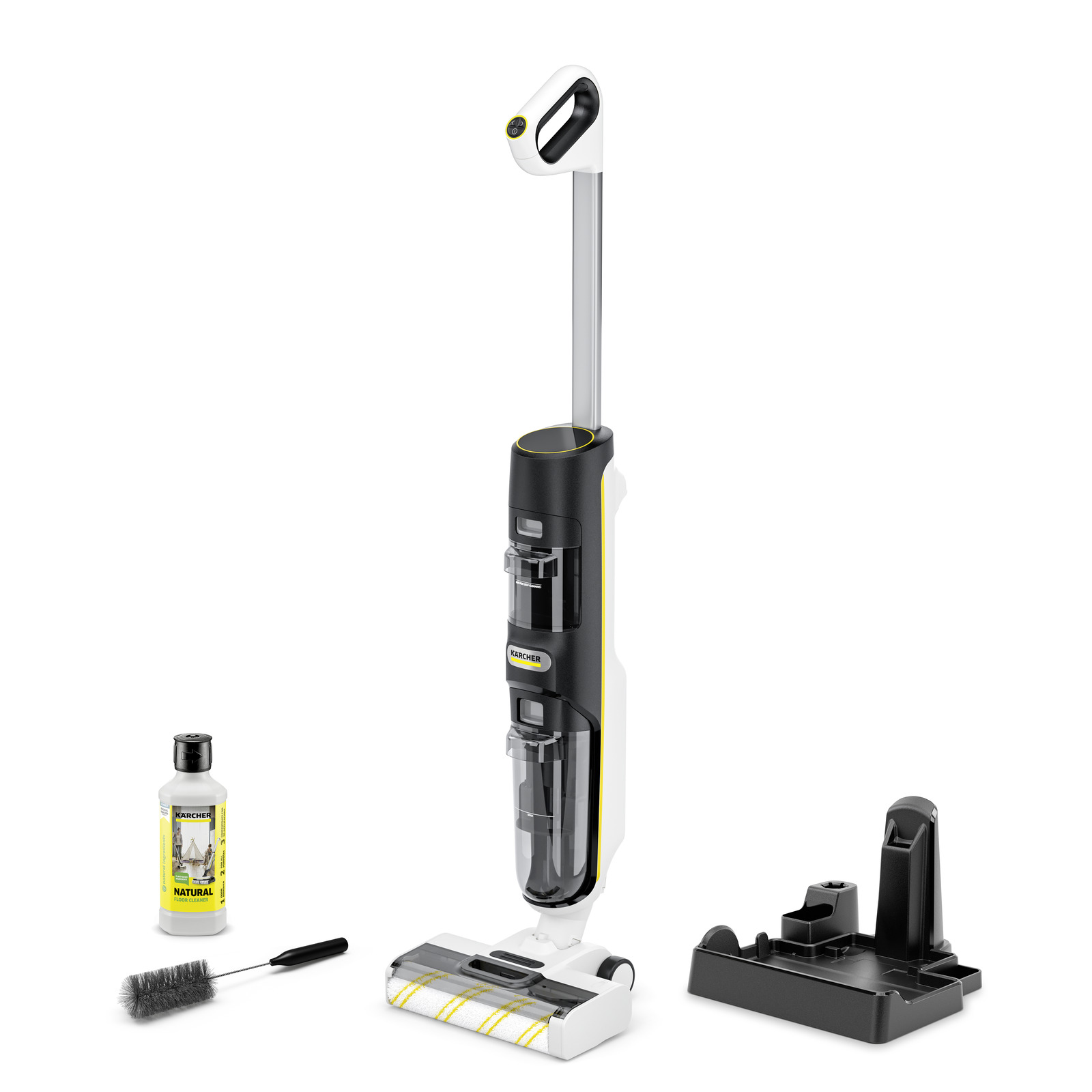 Kärcher floor cleaner with detergent bottle, brush, and charging dock on a white background.