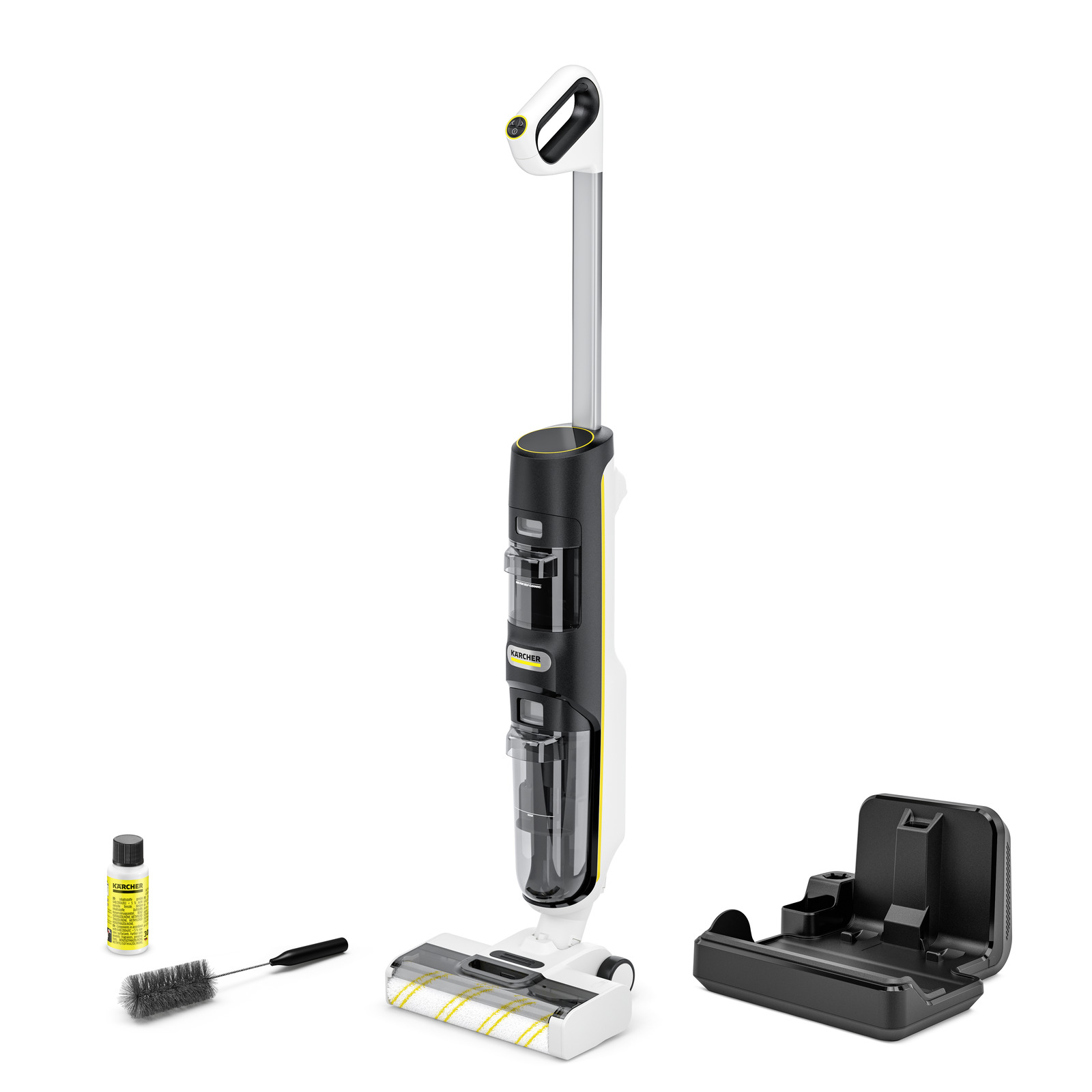 Kärcher Bodenreiniger mit Zubehör: Reinigungsmittel, Bürste und Ladestation. Kärcher Bodenreiniger mit Zubehör: Reinigungsmittel, Bürste und Ladestation.
