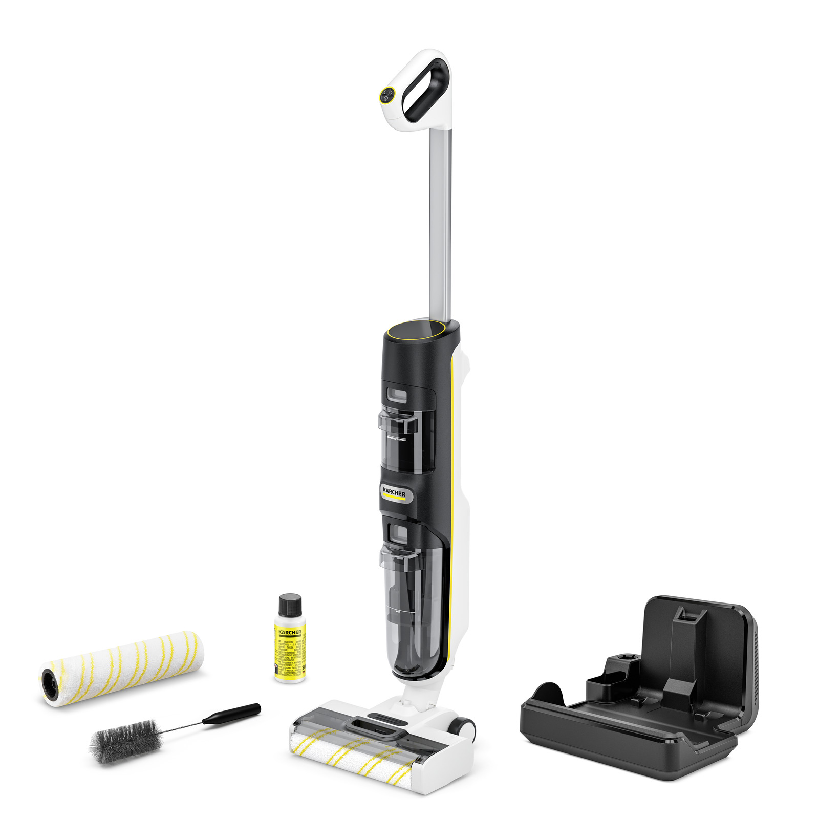 Kärcher Bodenreiniger mit Zubehör: Reinigungsrolle, Bürste, Reinigungsmittel und Ladestation auf weißem Hintergrund. Kärcher Bodenreiniger mit Zubehör: Reinigungsrolle, Bürste, Reinigungsmittel und Ladestation auf weißem Hintergrund.