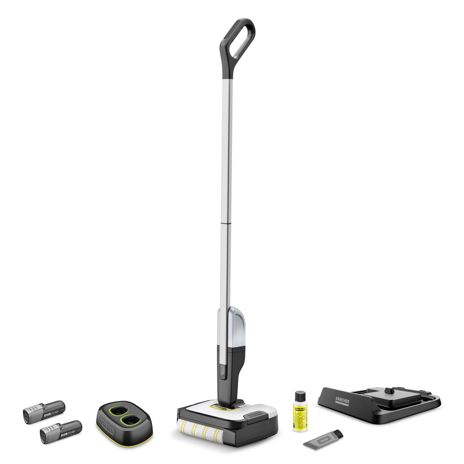 Aspirator Kärcher cu accesorii, inclusiv baterii, stație de încărcare și soluție de curățare, pe fundal alb. Aspirator Kärcher cu accesorii, inclusiv baterii, stație de încărcare și soluție de curățare, pe fundal alb.