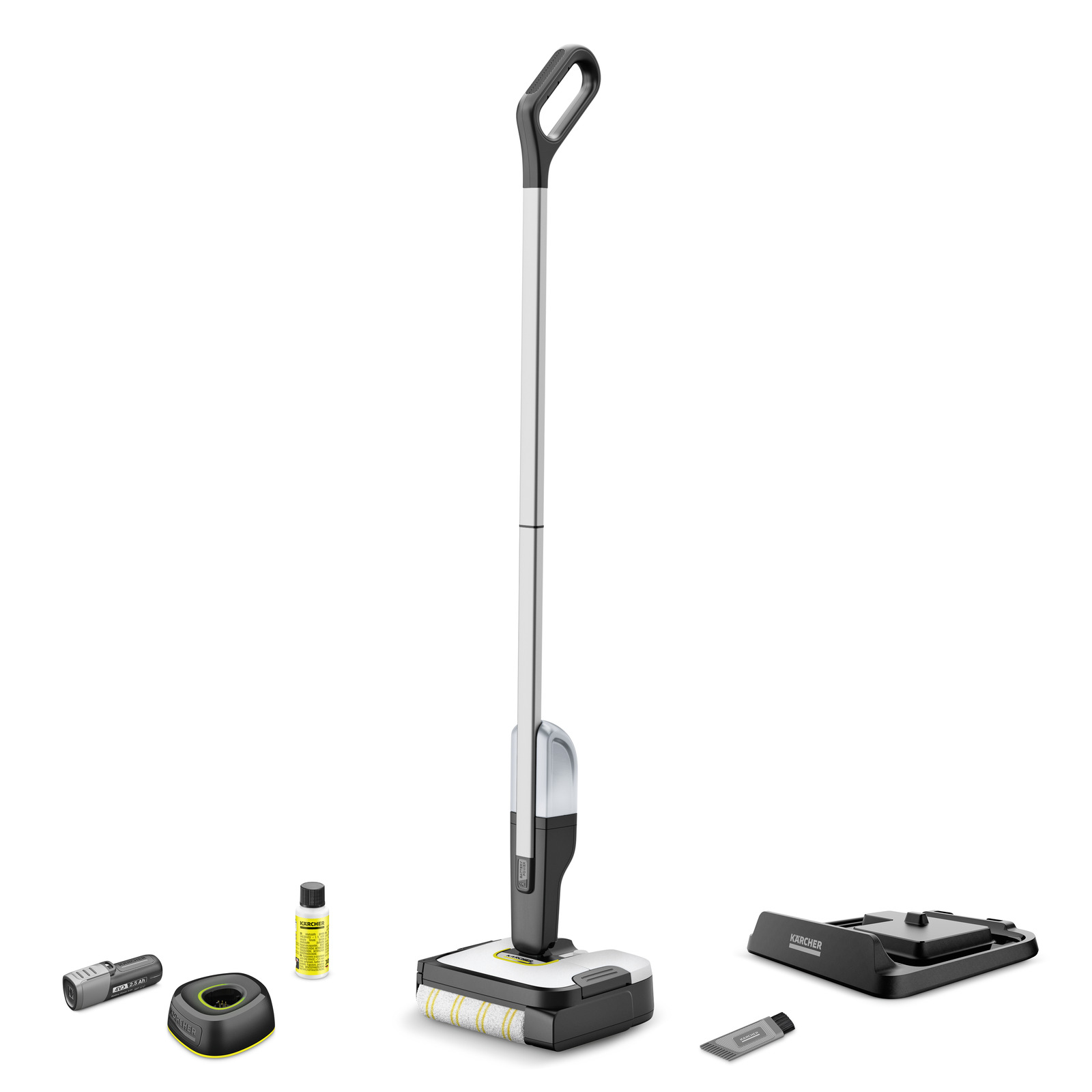 Kärcher cordless electric mop with accessories including a battery, cleaning solution, charging dock, and cleaning tool. Kärcher cordless electric mop with accessories including a battery, cleaning solution, charging dock, and cleaning tool.
