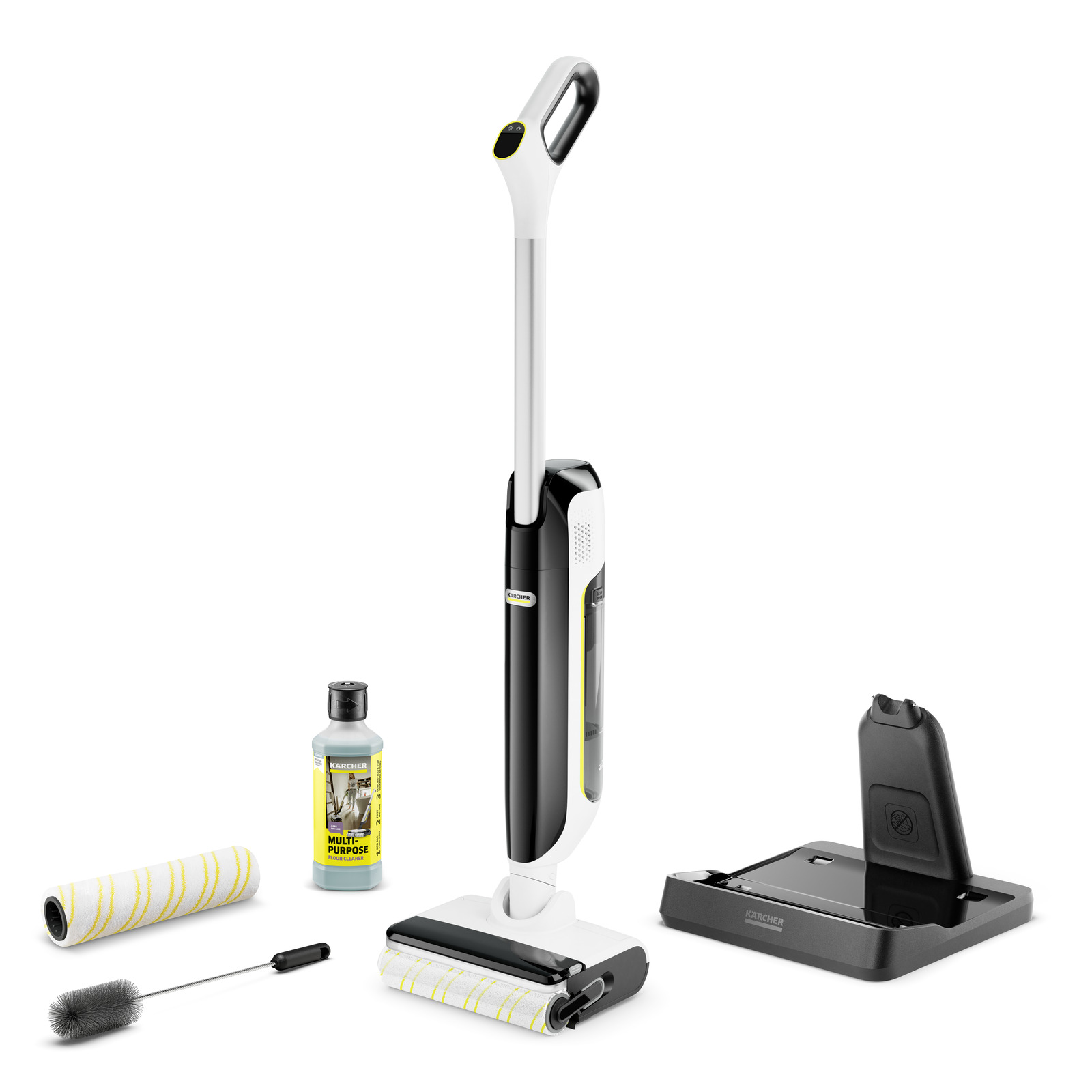 Kärcher cordless hard floor cleaner with two roller heads, small cleaning brush, bottle of cleaning solution and charging dock, isolated on white background.