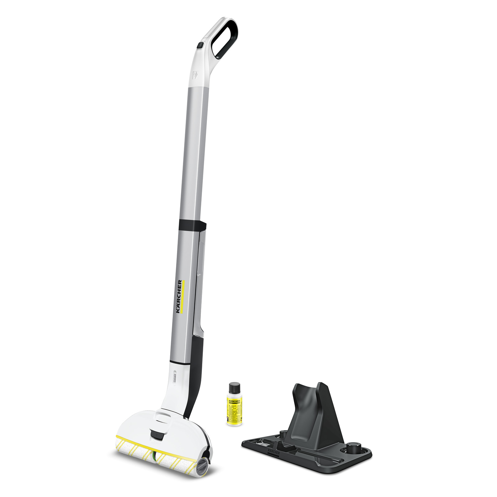Kärcher floor cleaner with a sleek design, accompanied by a cleaning solution bottle and a black docking station. Kärcher floor cleaner with a sleek design, accompanied by a cleaning solution bottle and a black docking station.