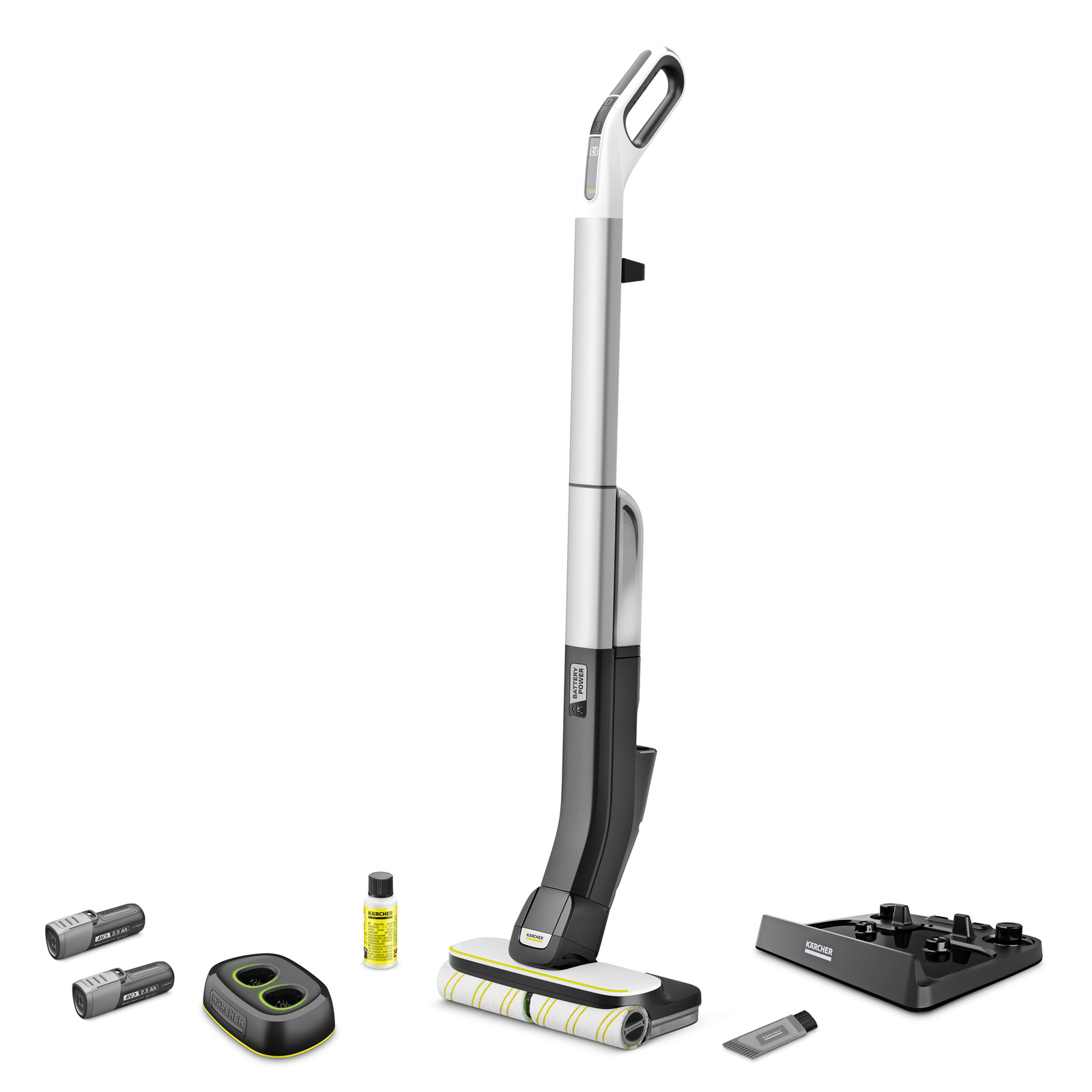 Kärcher cordless floor cleaner with accessories including batteries, charger, cleaning solution, and docking station on a white background.