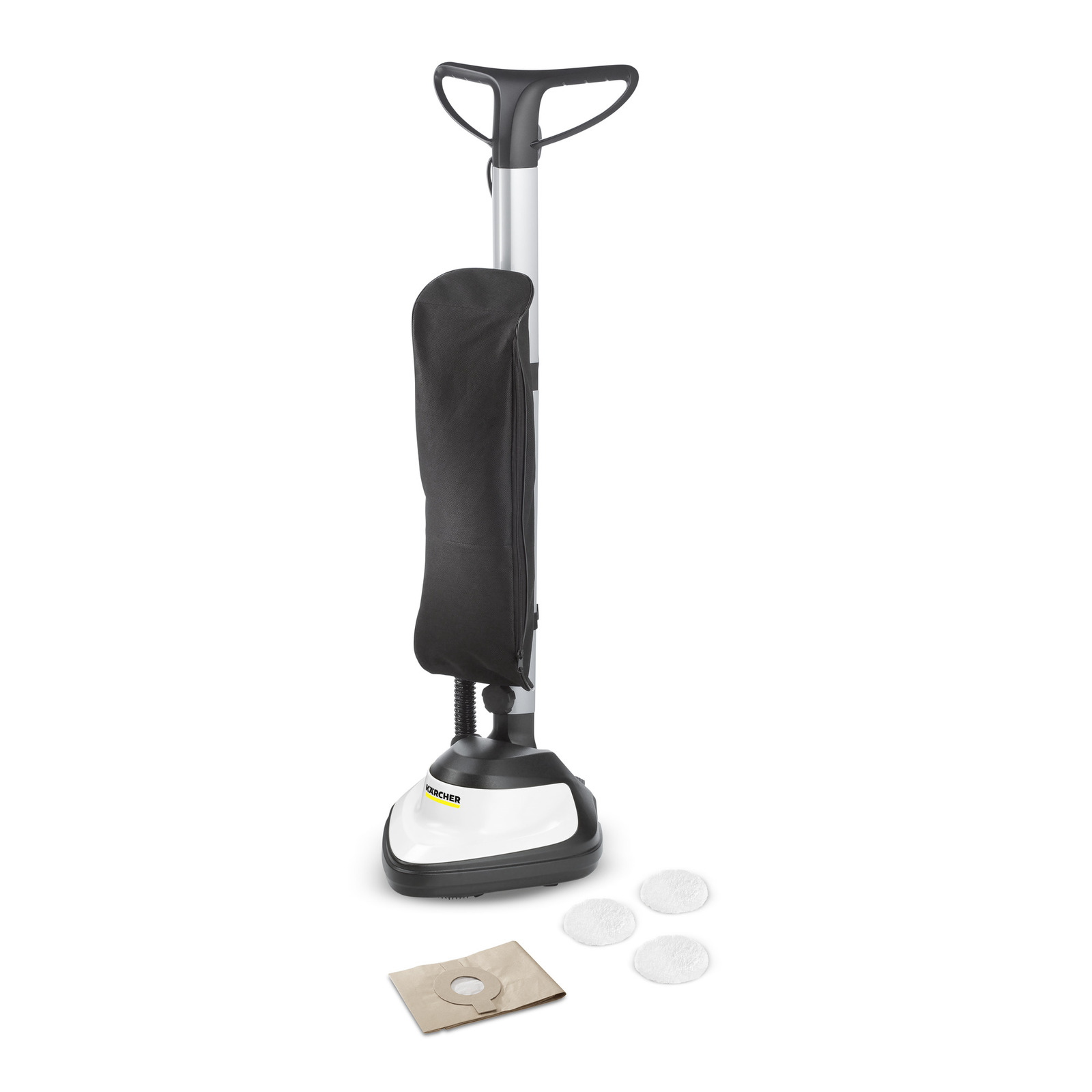 Kärcher floor polisher with handle, black cover, and three white pads next to a brown paper bag.