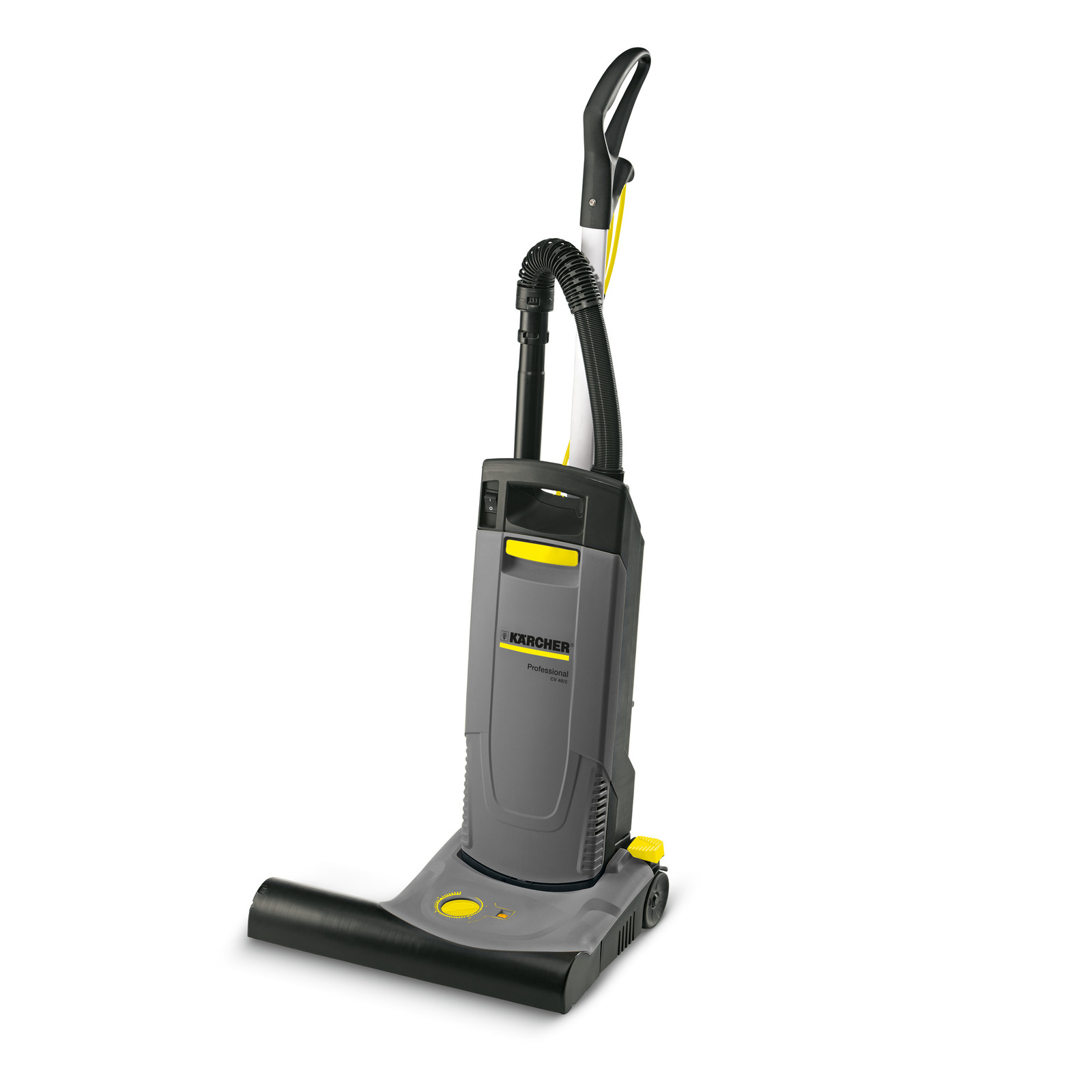 Kärcher upright vacuum cleaner with grey body, black handle, and yellow accents, standing on a white background.