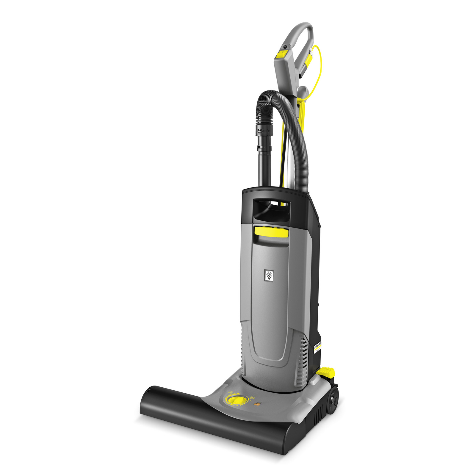 Kärcher upright vacuum cleaner with a grey and black body, yellow accents, and a handle on a white background.